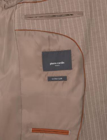 Bej Ex. Slim Fit Yün Karışımlı Çizgili Takım Elbise