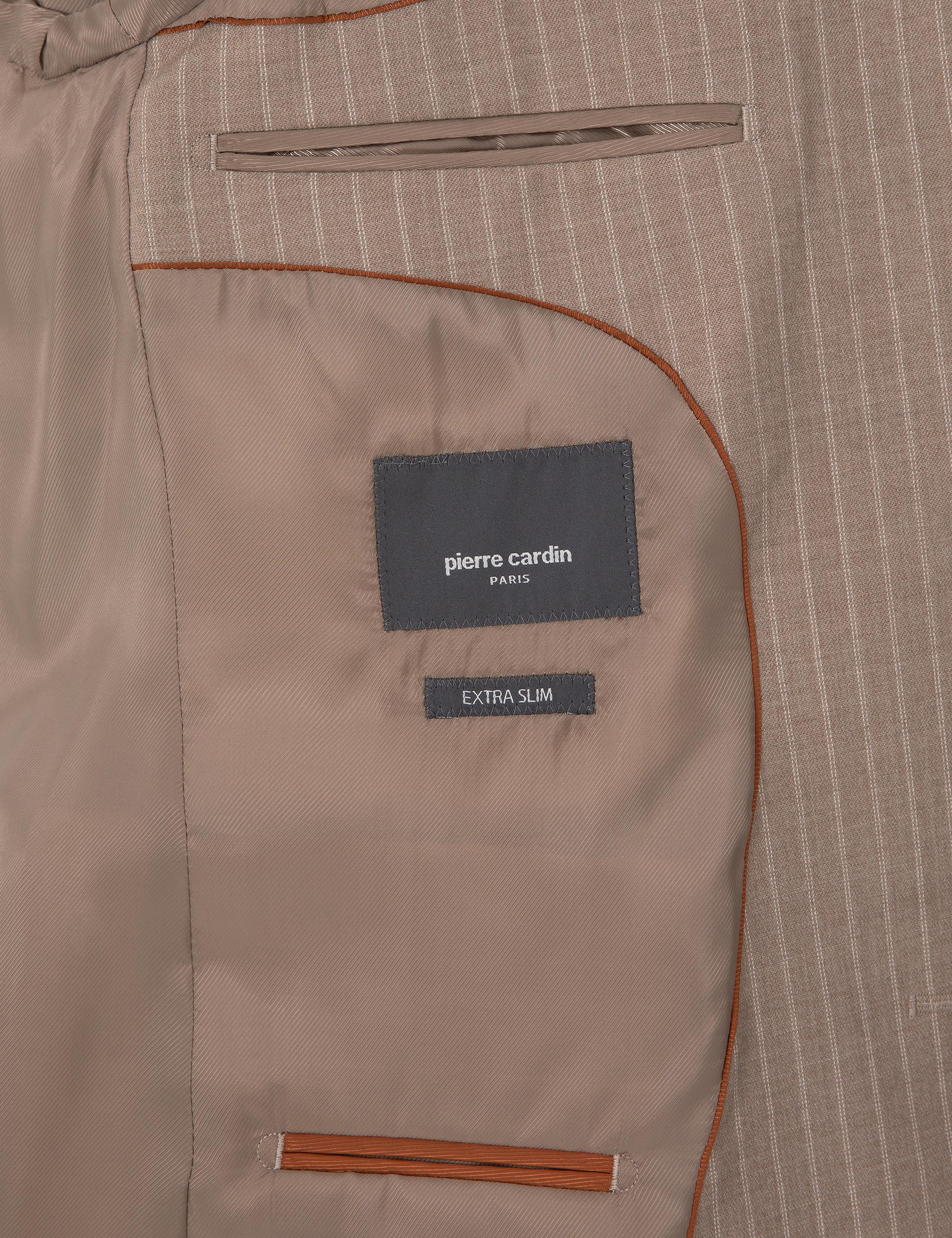 Bej Extra Slim Fit Yün Karışımlı Çizgili Takım Elbise - Image 6