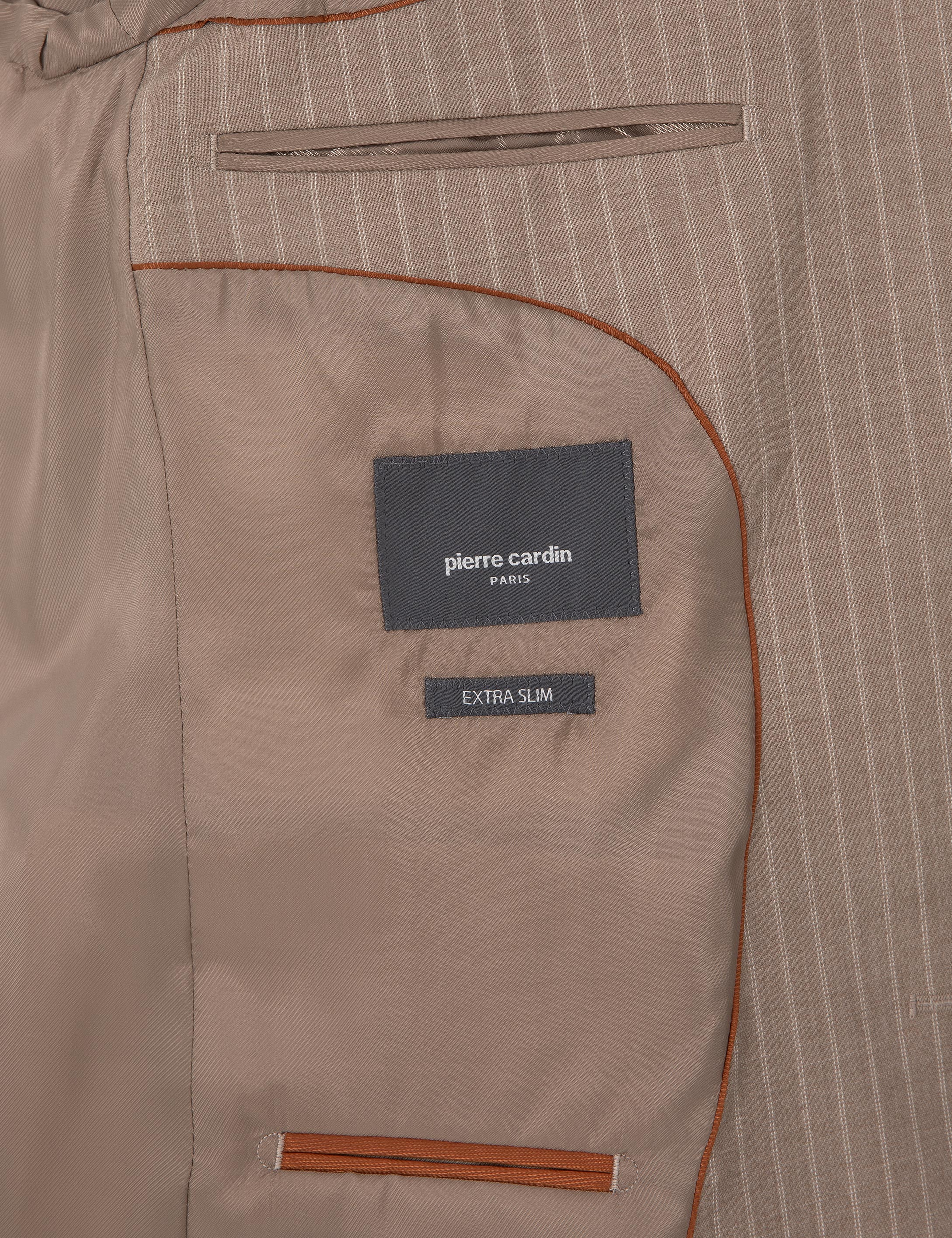 Bej Extra Slim Fit Yün Karışımlı Çizgili Takım Elbise
