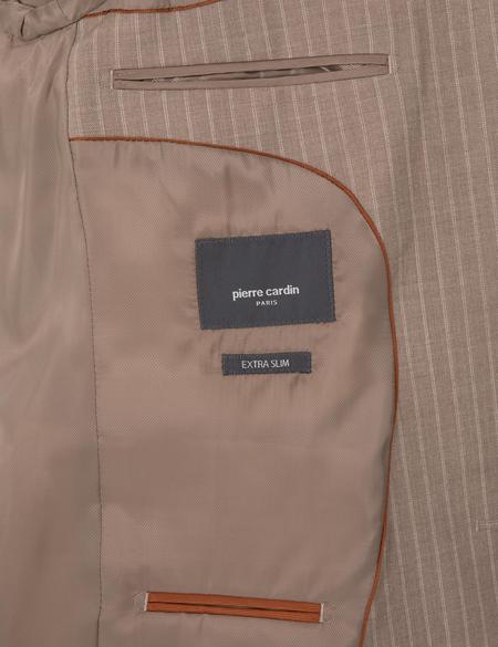 Bej Ex. Slim Fit Yün Karışımlı Çizgili Takım Elbise - 50311536041