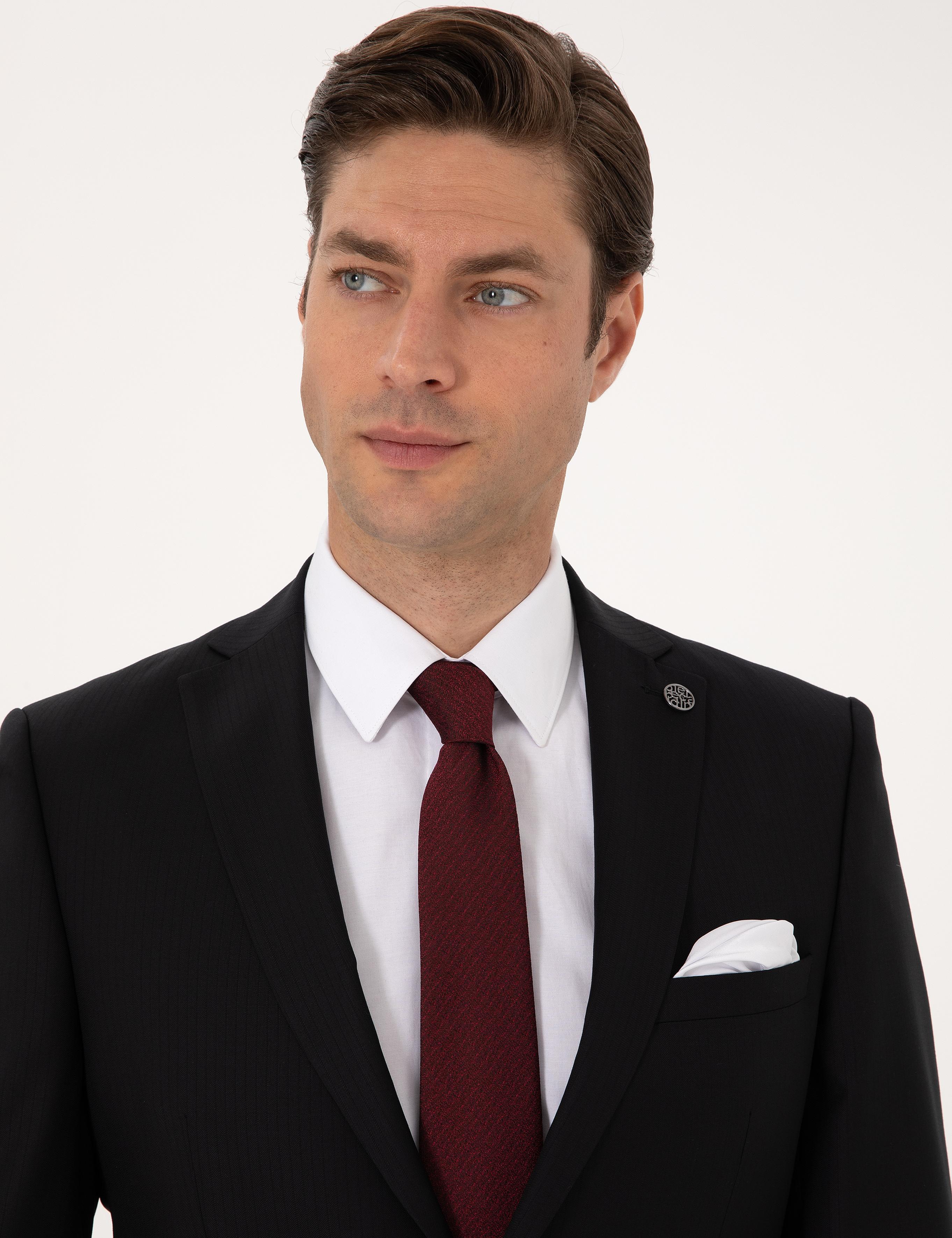 Siyah Slim Fit %100 Yün Çizgili Takım Elbise