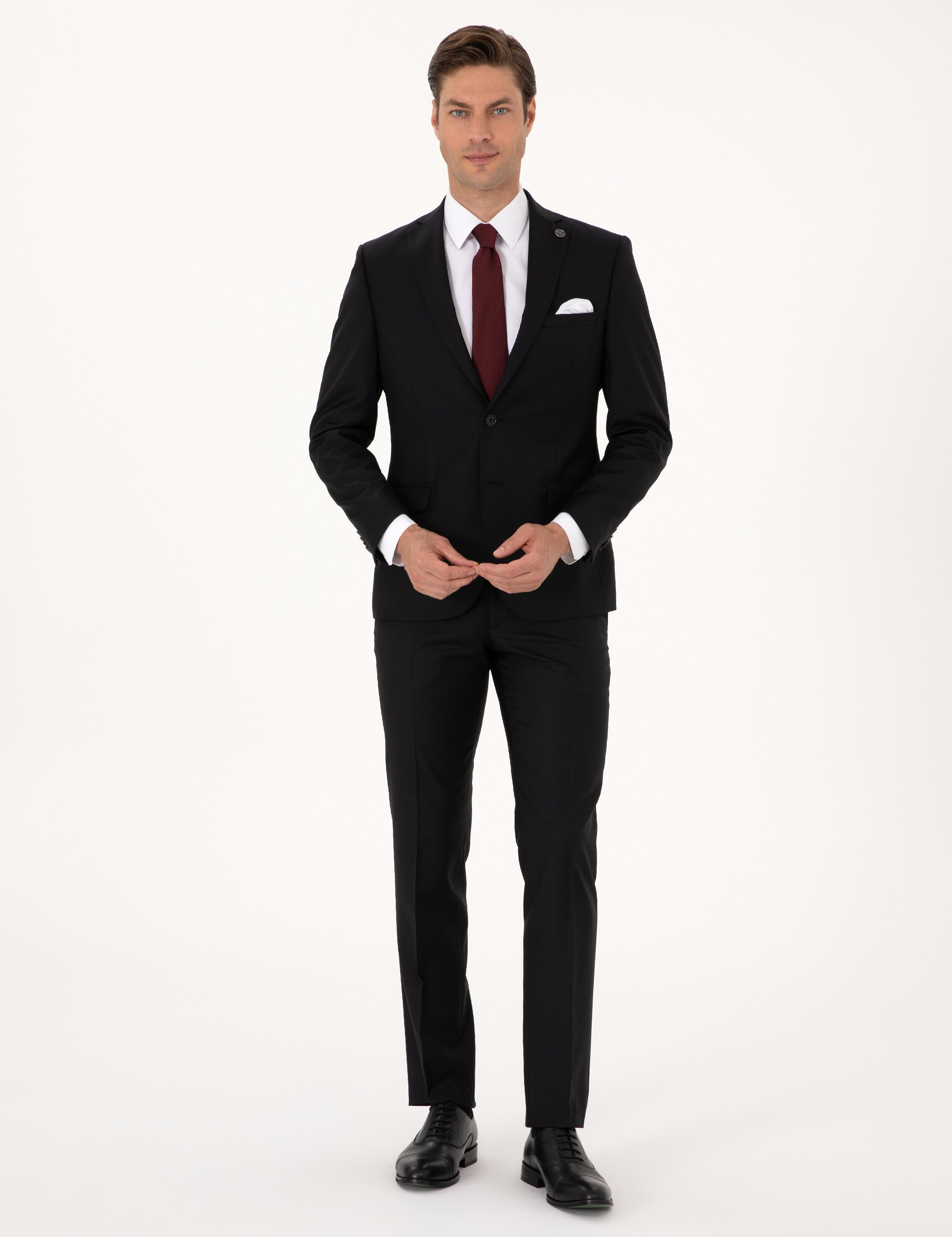 Siyah Slim Fit %100 Yün Çizgili Takım Elbise