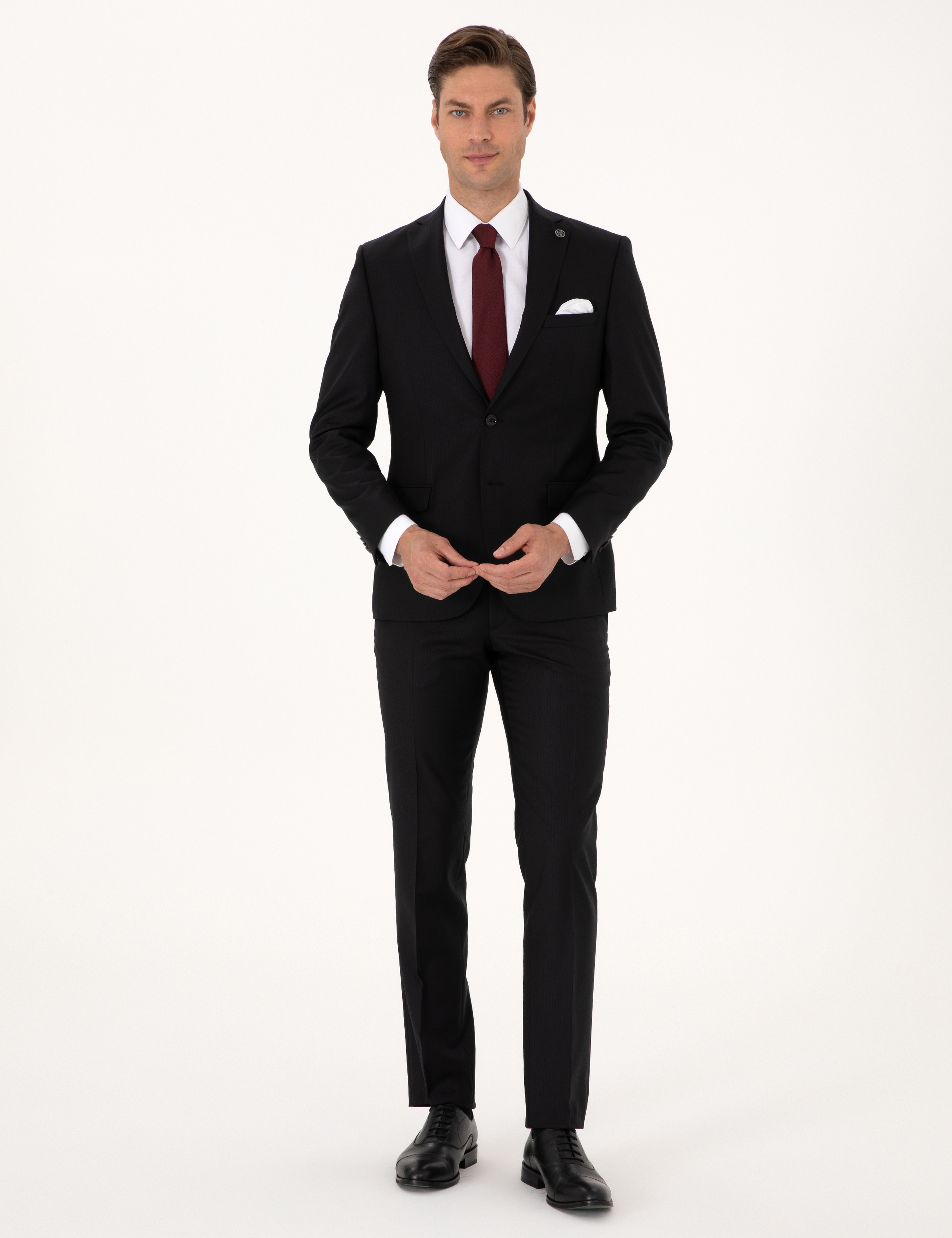 Siyah Slim Fit %100 Yün Çizgili Takım Elbise - Image 1
