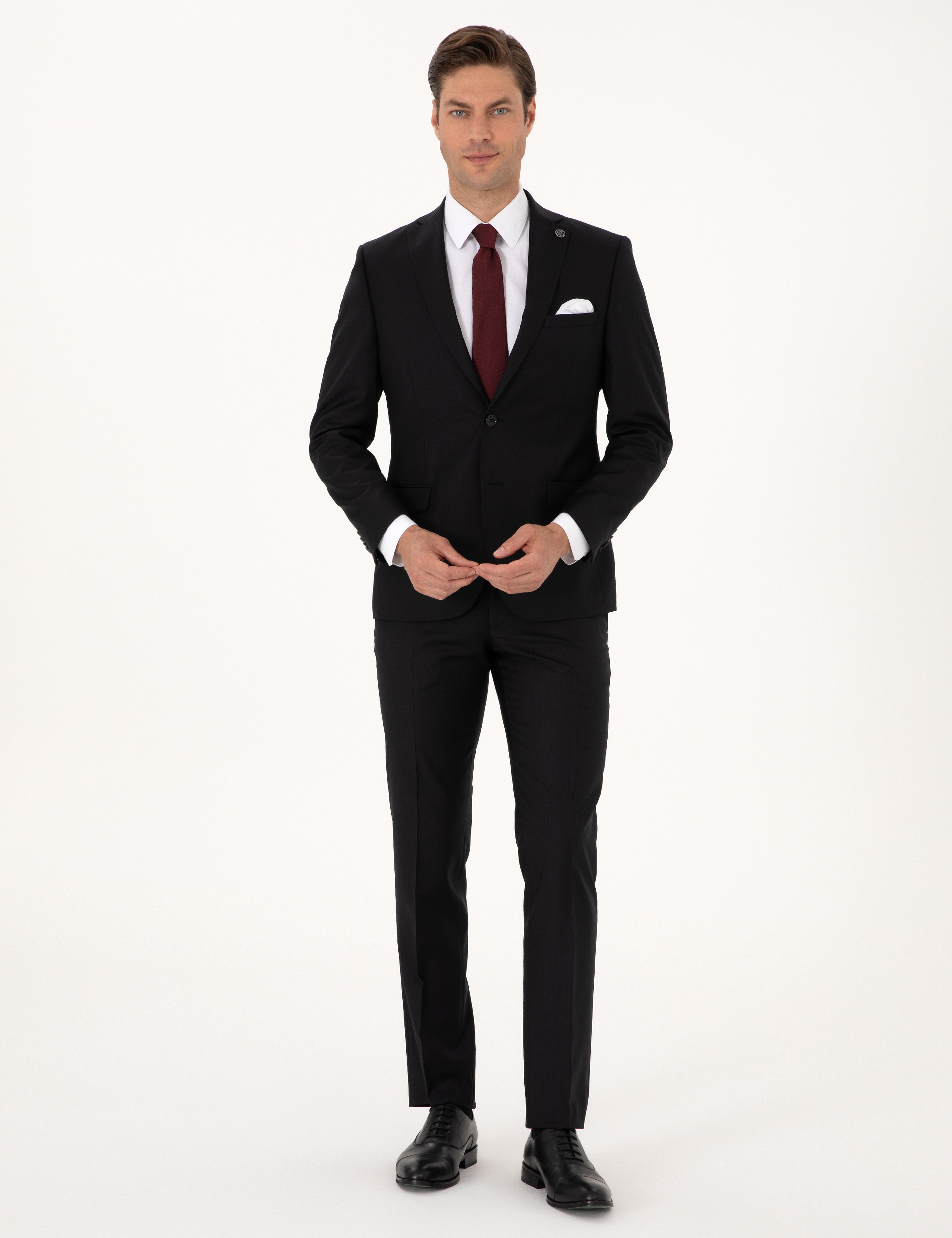 Siyah Slim Fit %100 Yün Çizgili Takım Elbise