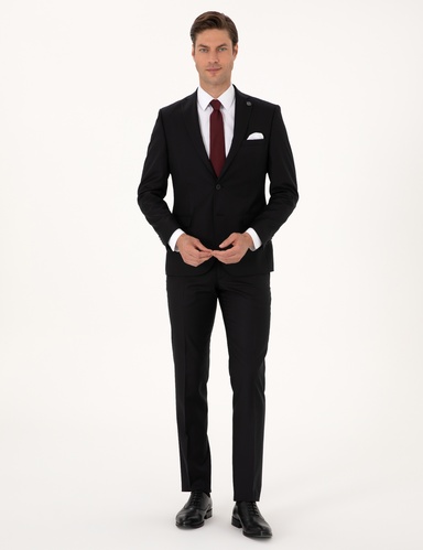 Siyah Slim Fit %100 Yün Çizgili Takım Elbise
