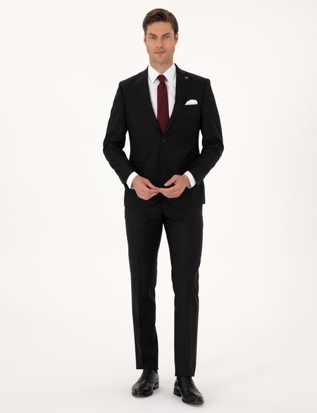 Siyah Slim Fit %100 Yün Çizgili Takım Elbise - 50311239047