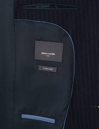 Lacivert Ex. Slim Fit Yün Karışımlı Çizgili Takım Elbise