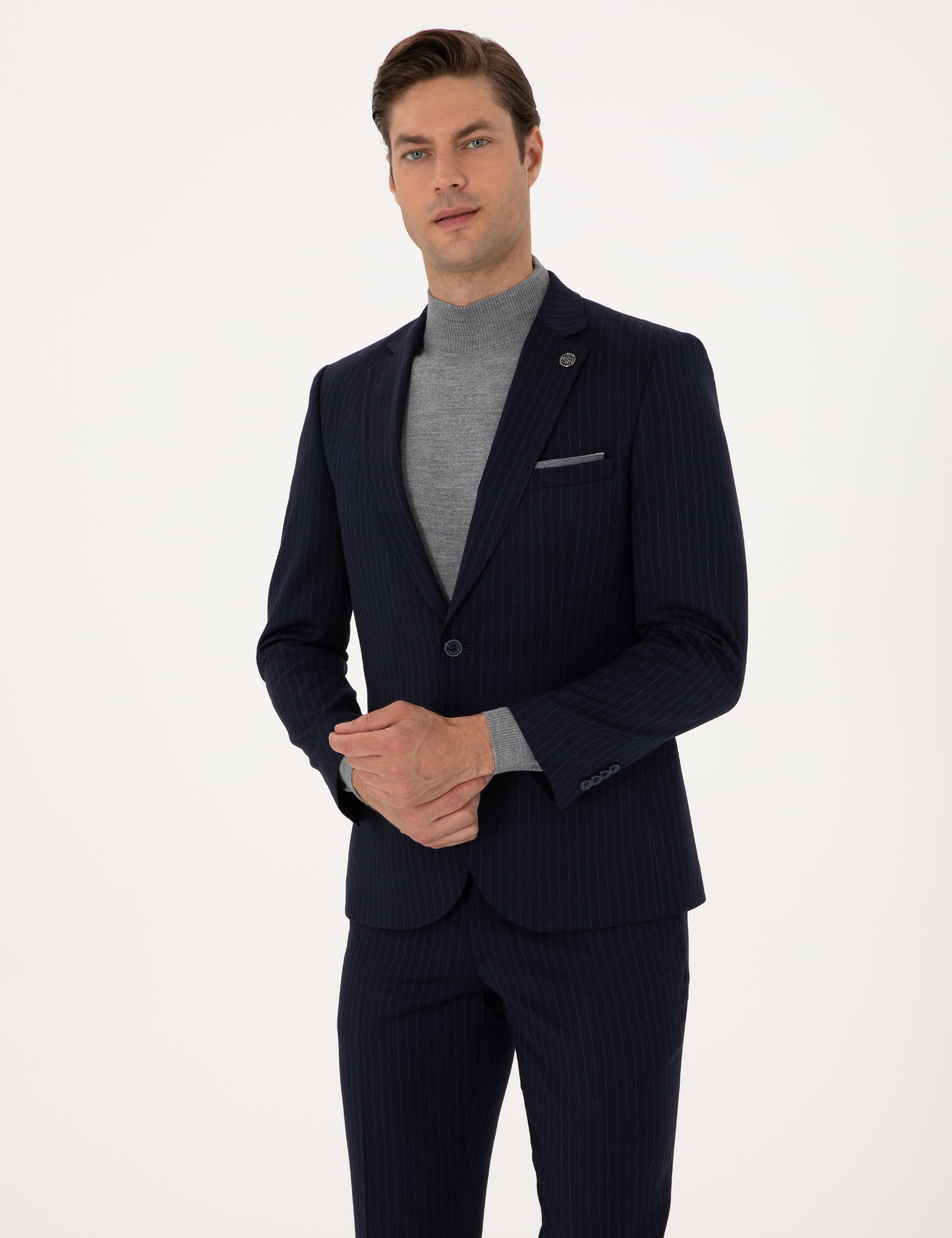 Lacivert Extra Slim Fit Yün Karışımlı Çizgili Takım Elbise - Image 3