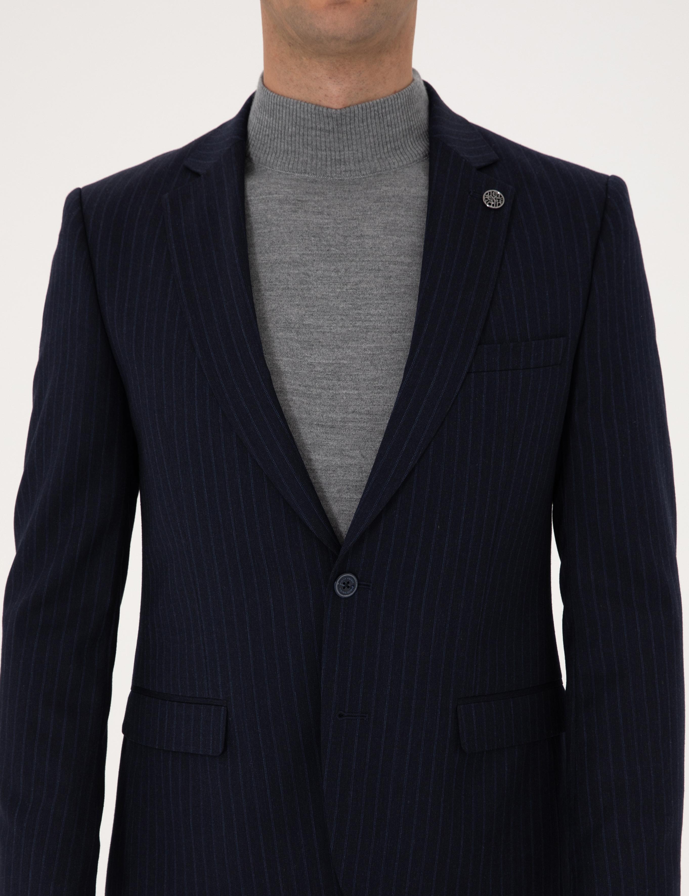 Lacivert Ex. Slim Fit Yün Karışımlı Çizgili Takım Elbise