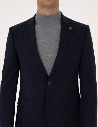 Lacivert Ex. Slim Fit Yün Karışımlı Çizgili Takım Elbise