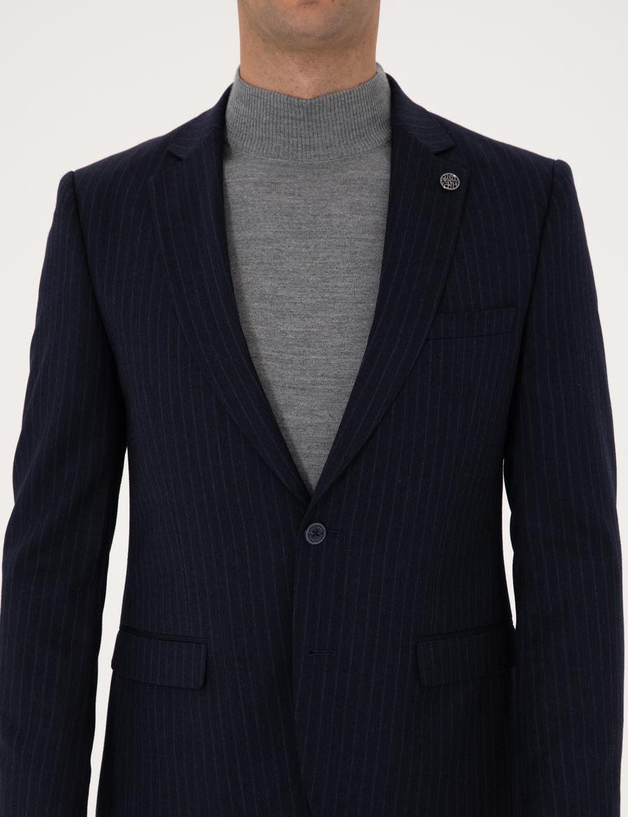 Lacivert Ex. Slim Fit Yün Karışımlı Çizgili Takım Elbise