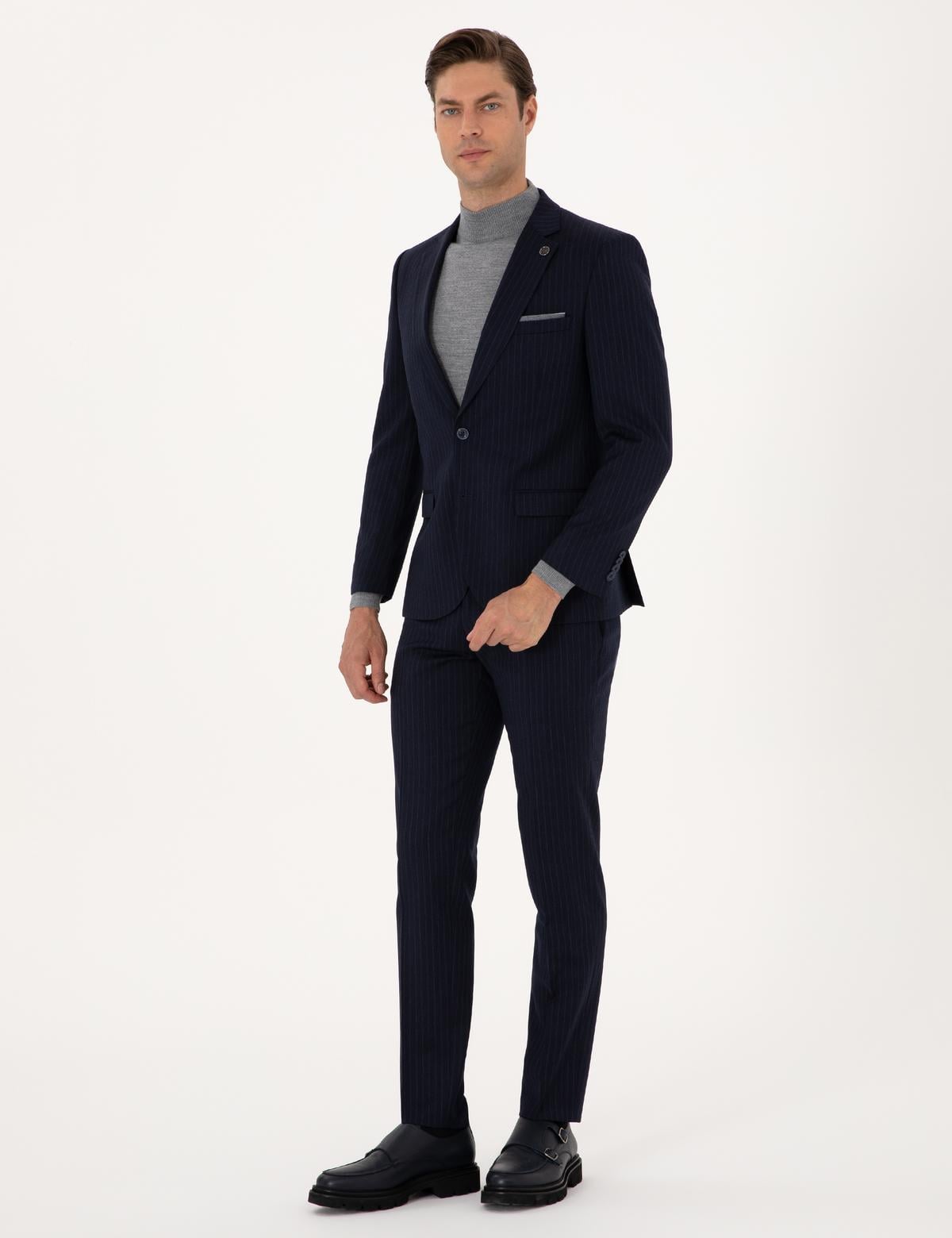 Lacivert Ex. Slim Fit Yün Karışımlı Çizgili Takım Elbise - 50311536011