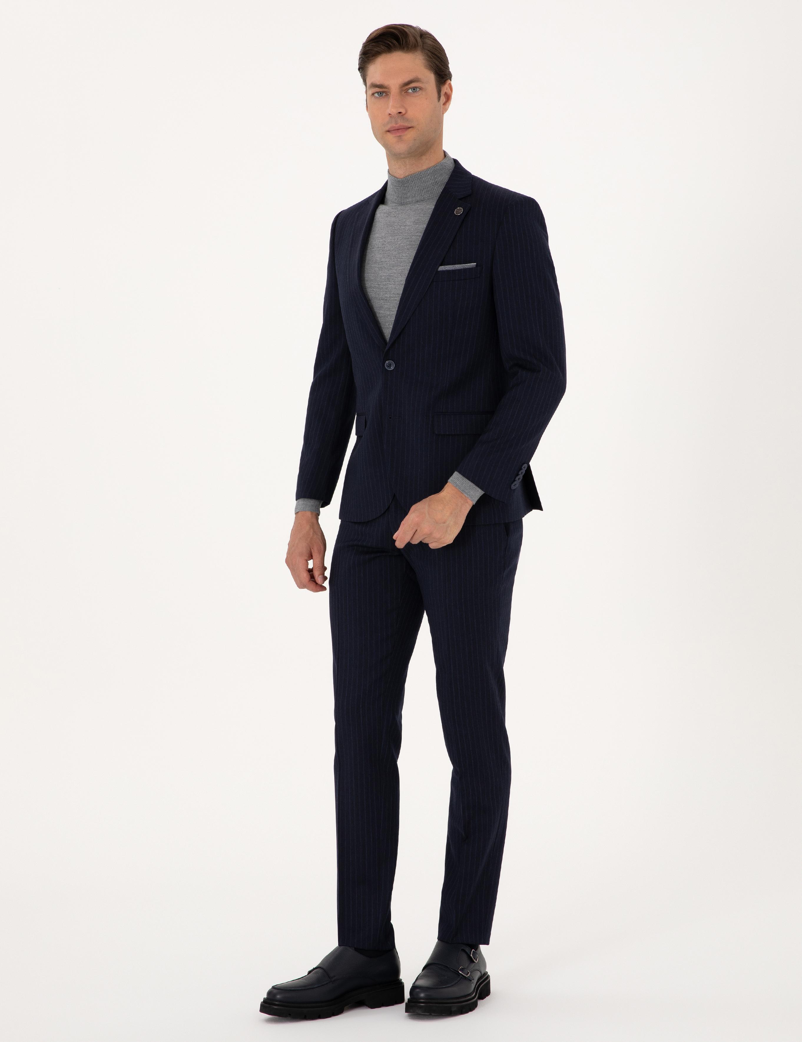 Lacivert Ex. Slim Fit Yün Karışımlı Çizgili Takım Elbise