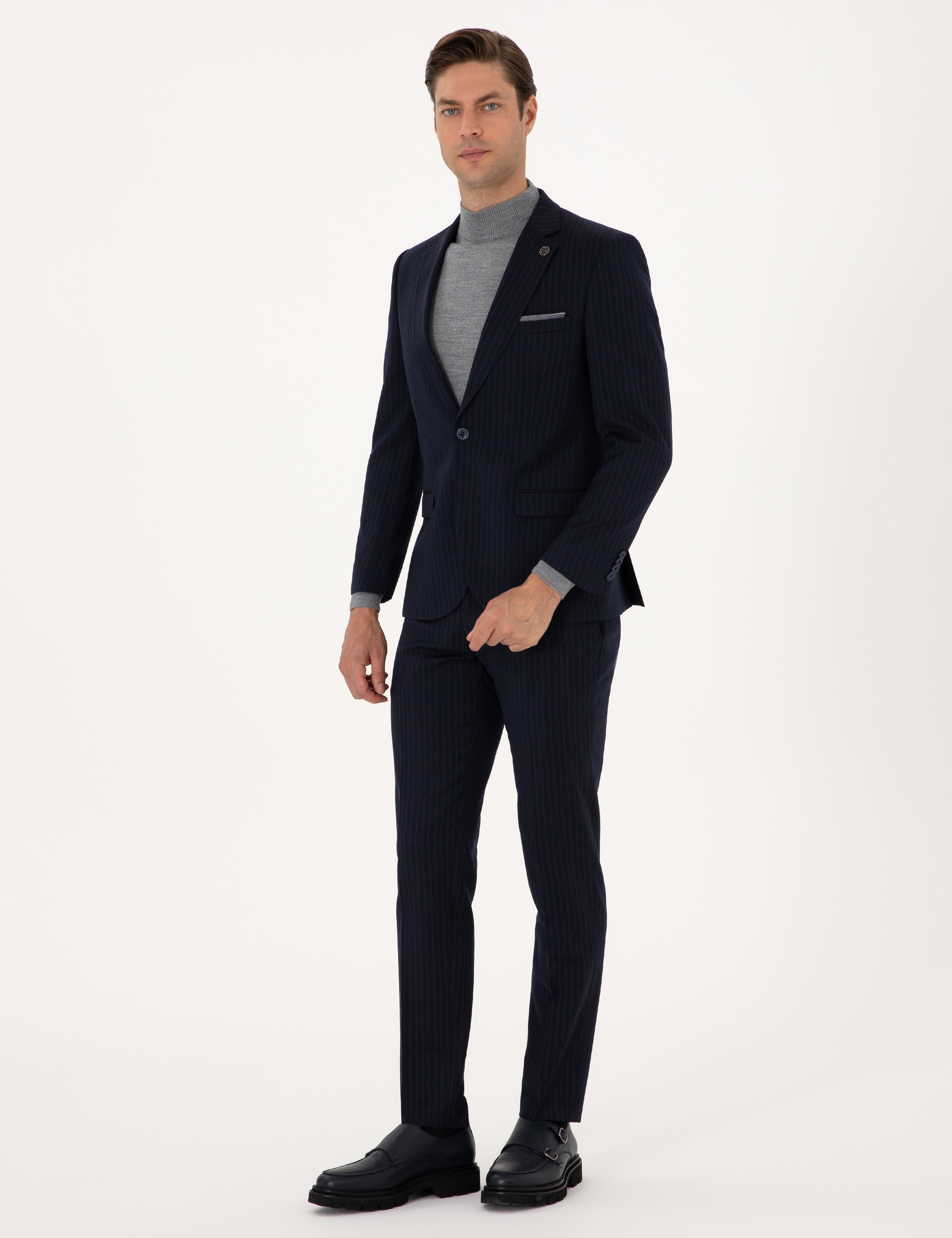 Lacivert Extra Slim Fit Yün Karışımlı Çizgili Takım Elbise - Image 4