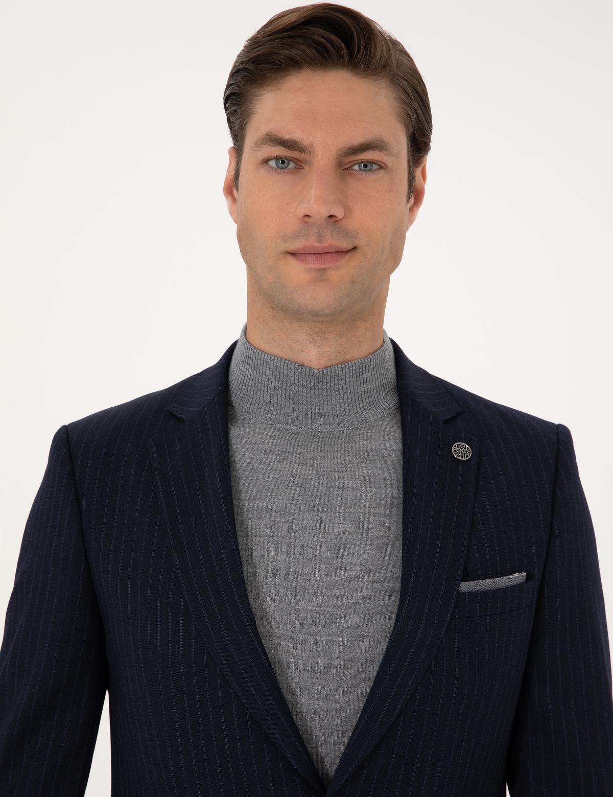 Lacivert Ex. Slim Fit Yün Karışımlı Çizgili Takım Elbise - 50311536011