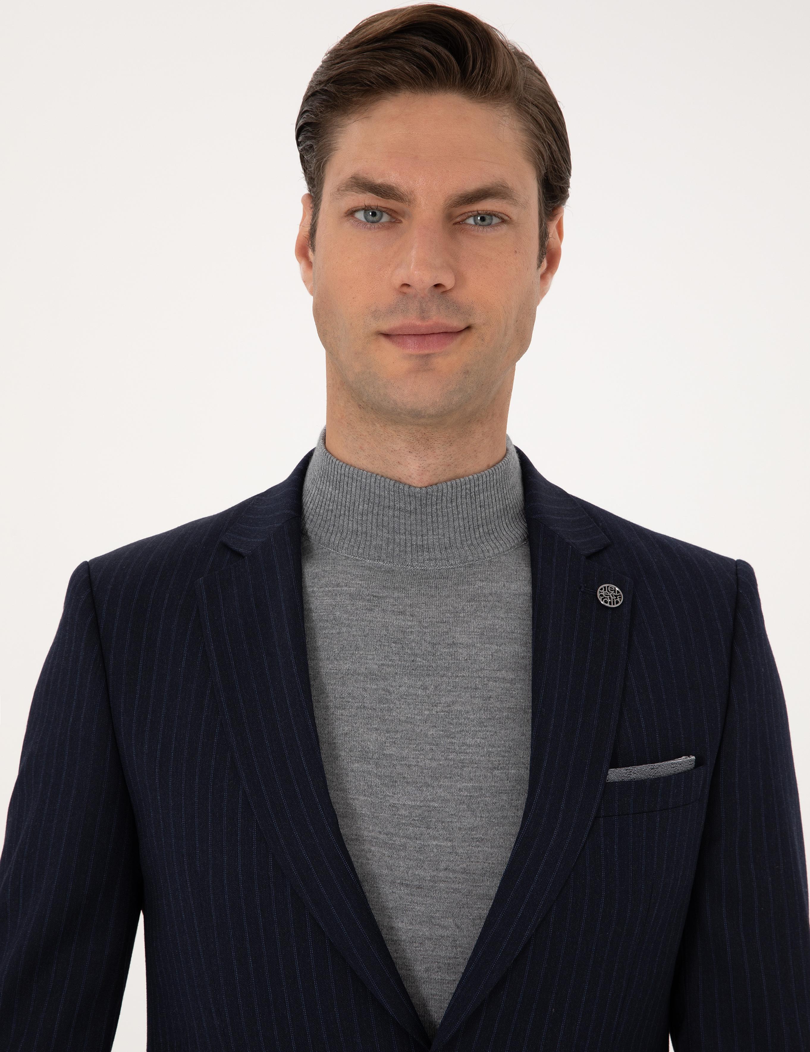 Lacivert Ex. Slim Fit Yün Karışımlı Çizgili Takım Elbise