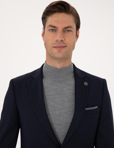 Lacivert Ex. Slim Fit Yün Karışımlı Çizgili Takım Elbise - 50311536011