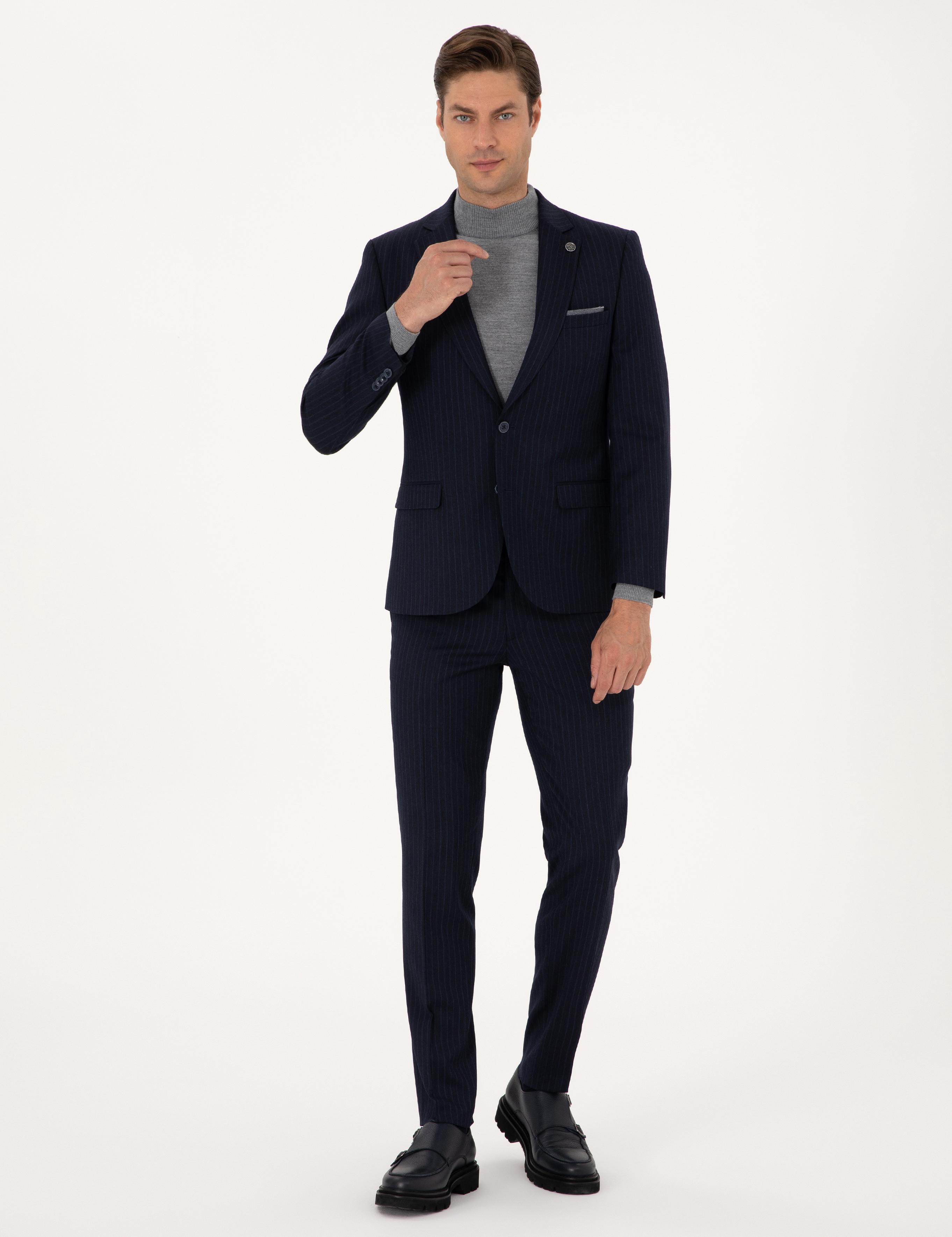 Lacivert Ex. Slim Fit Yün Karışımlı Çizgili Takım Elbise