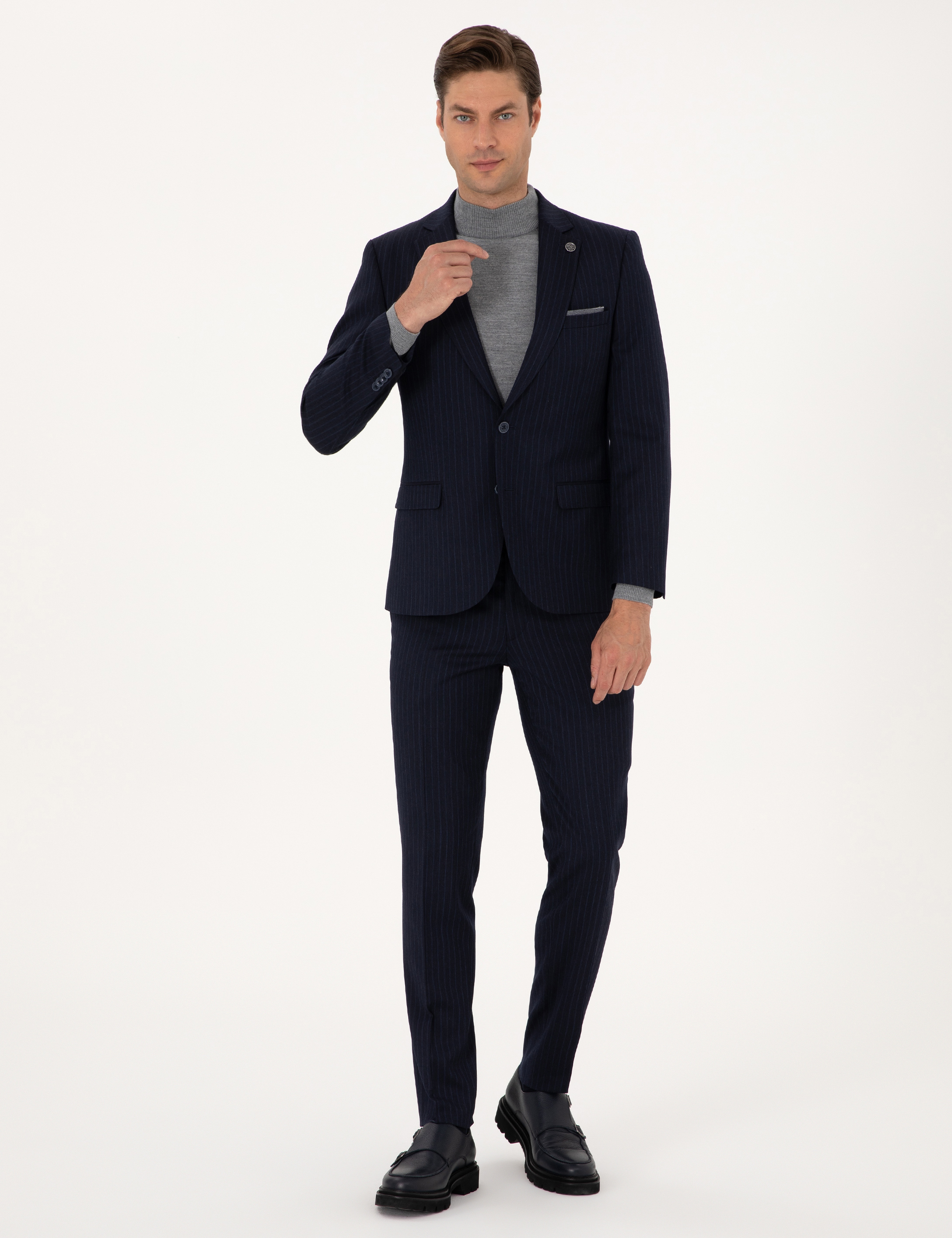 Lacivert Extra Slim Fit Yün Karışımlı Çizgili Takım Elbise - Image 1