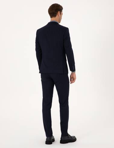 Lacivert Ex. Slim Fit Yün Karışımlı Çizgili Takım Elbise
