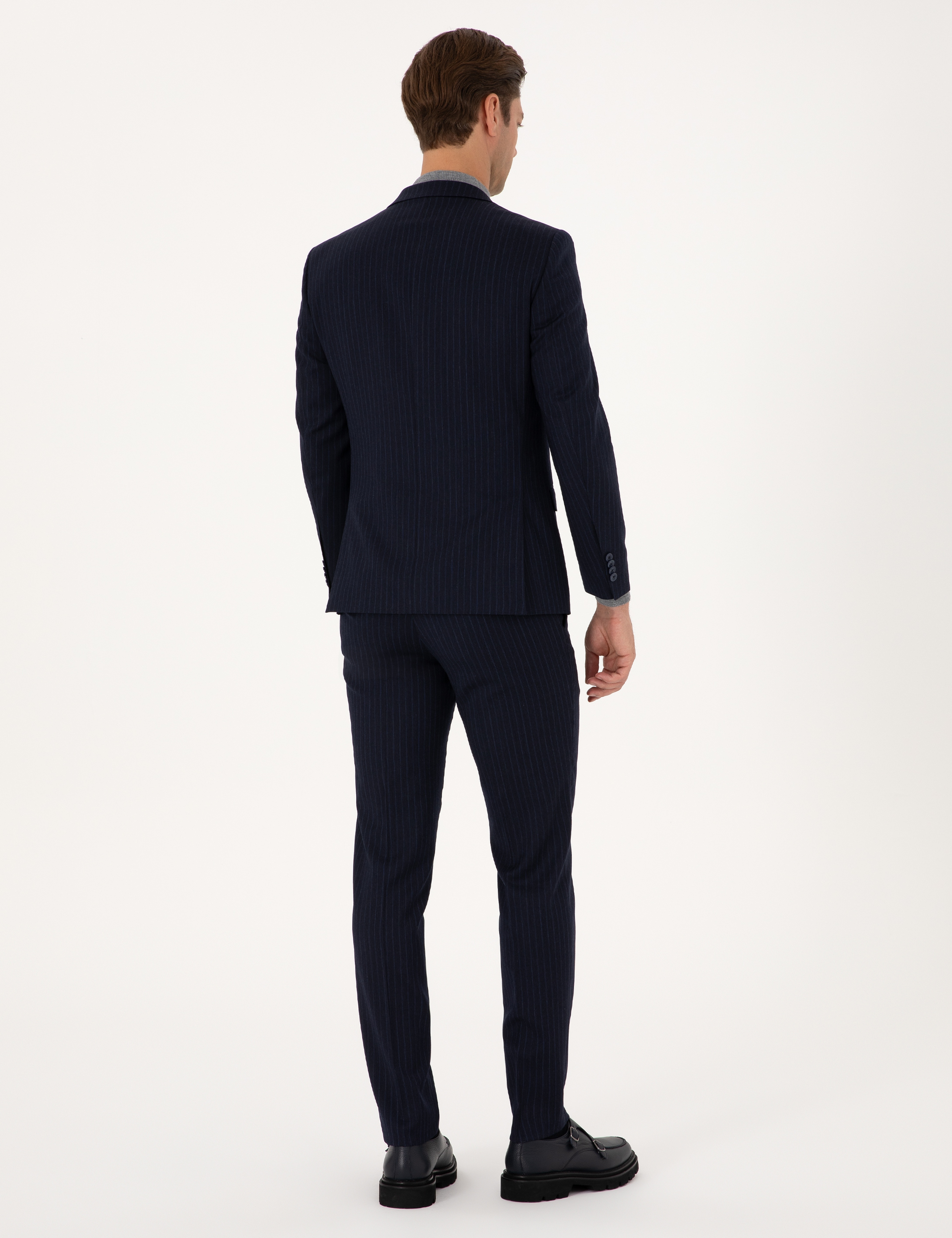 Lacivert Extra Slim Fit Yün Karışımlı Çizgili Takım Elbise - Image 5