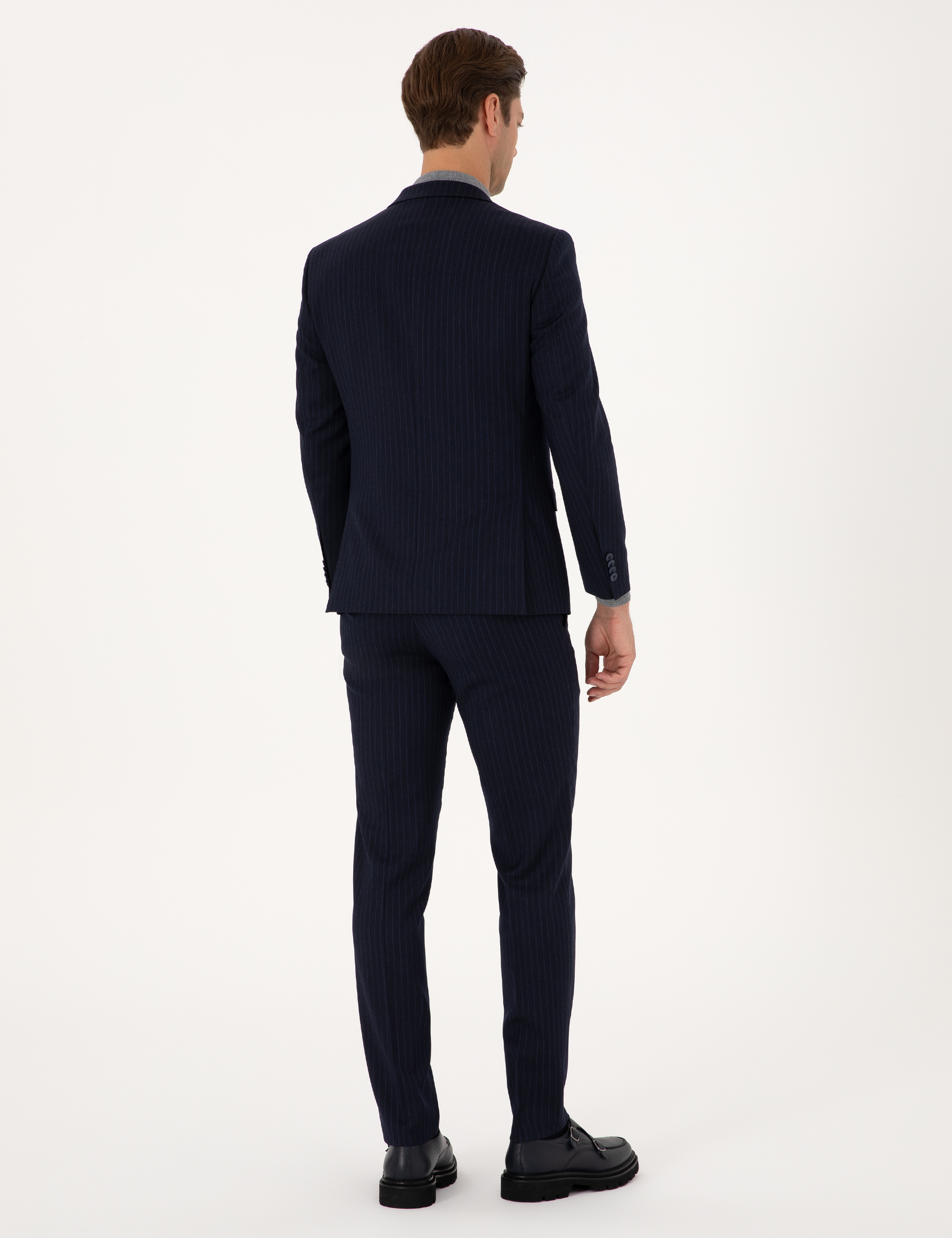 Lacivert Extra Slim Fit Yün Karışımlı Çizgili Takım Elbise