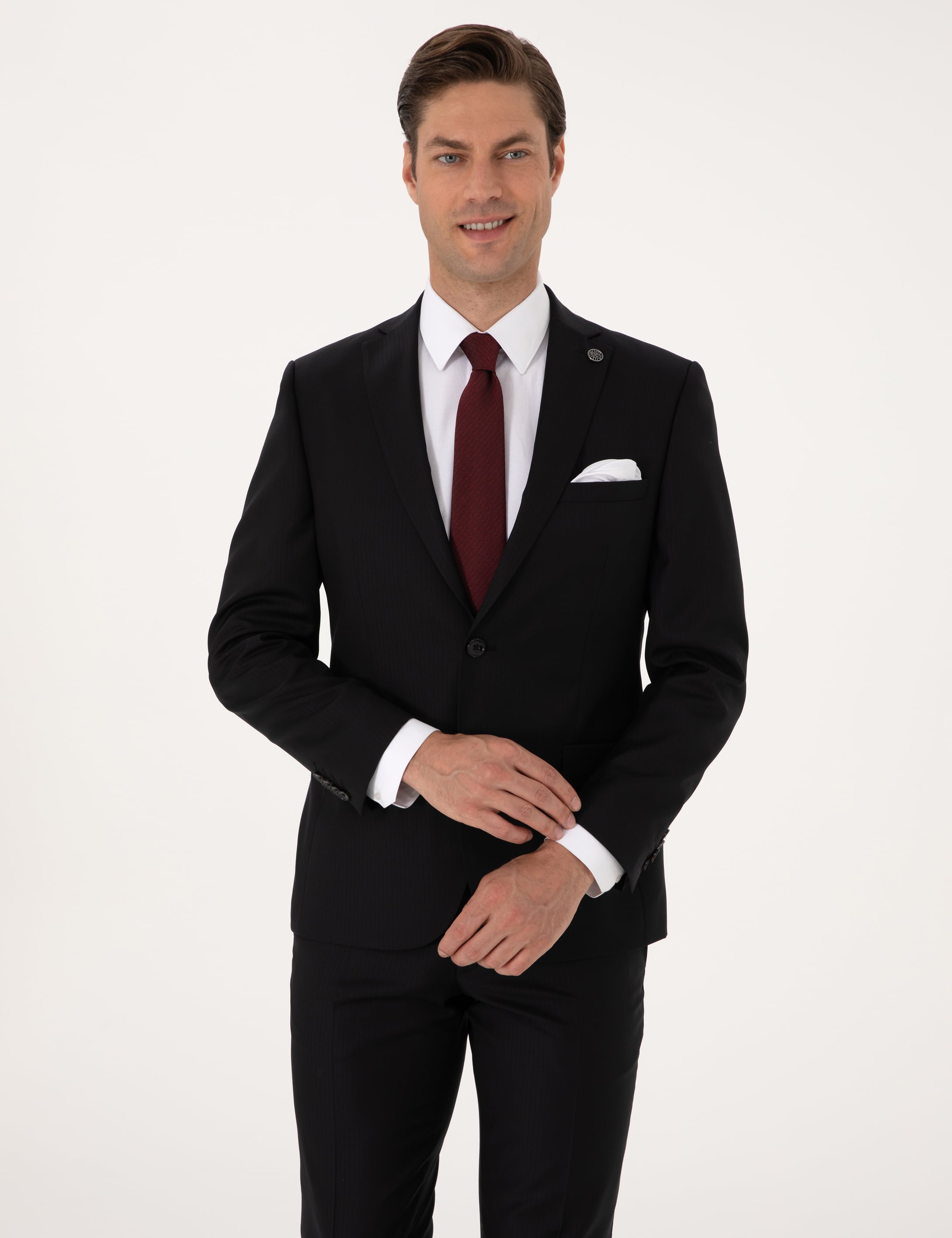 Siyah Slim Fit %100 Yün Çizgili Takım Elbise