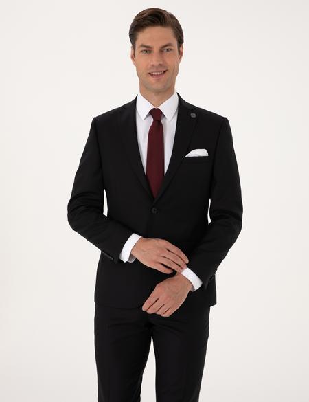 Siyah Slim Fit %100 Yün Çizgili Takım Elbise - 50311239047