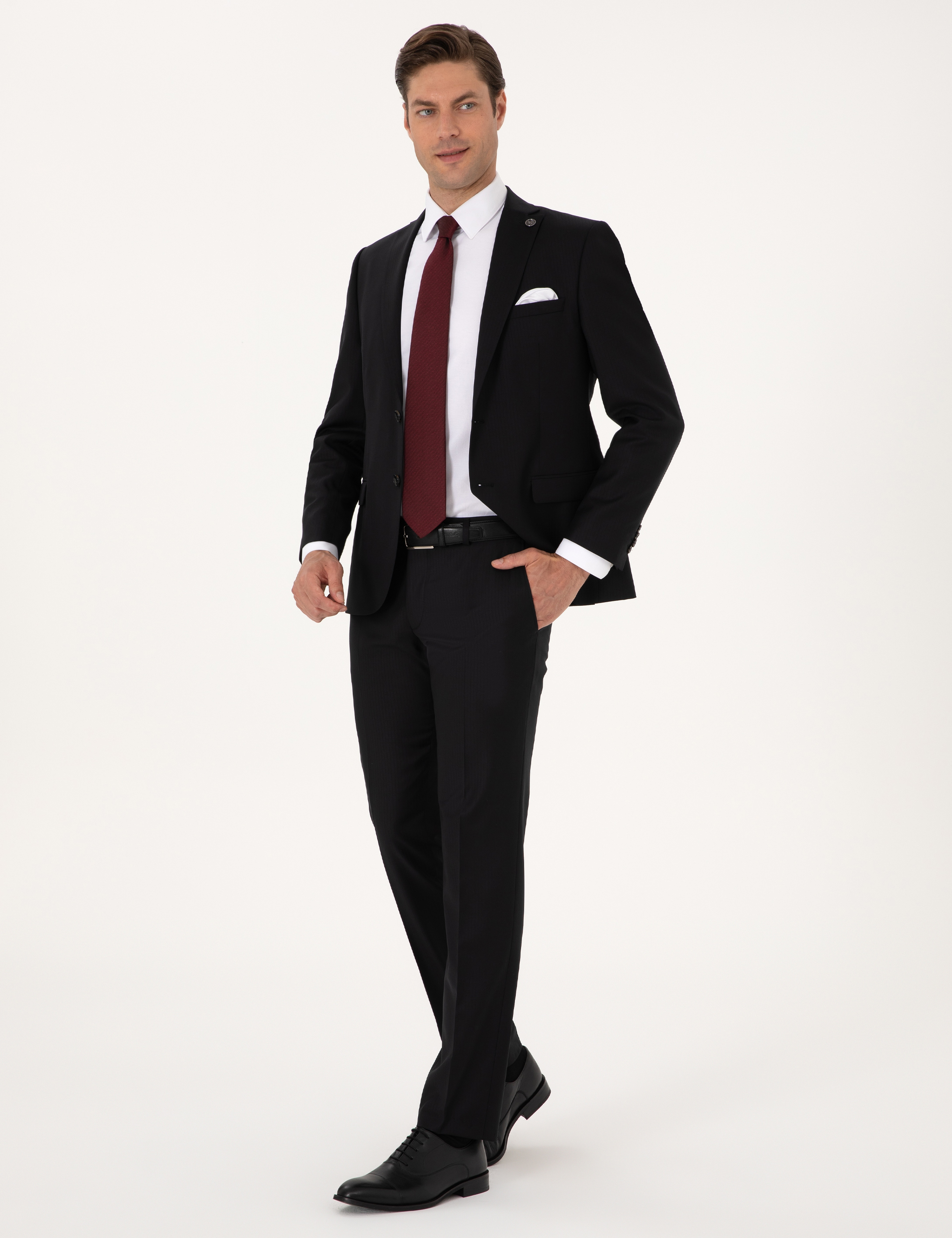 Siyah Slim Fit %100 Yün Çizgili Takım Elbise - Image 4
