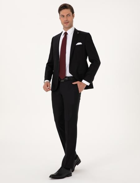 Siyah Slim Fit %100 Yün Çizgili Takım Elbise - 50311239047