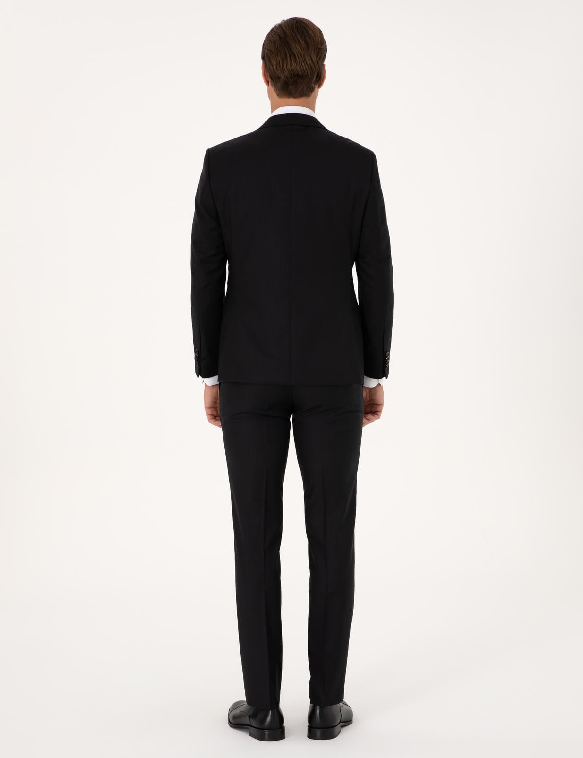 Siyah Slim Fit %100 Yün Çizgili Takım Elbise - 50311239047