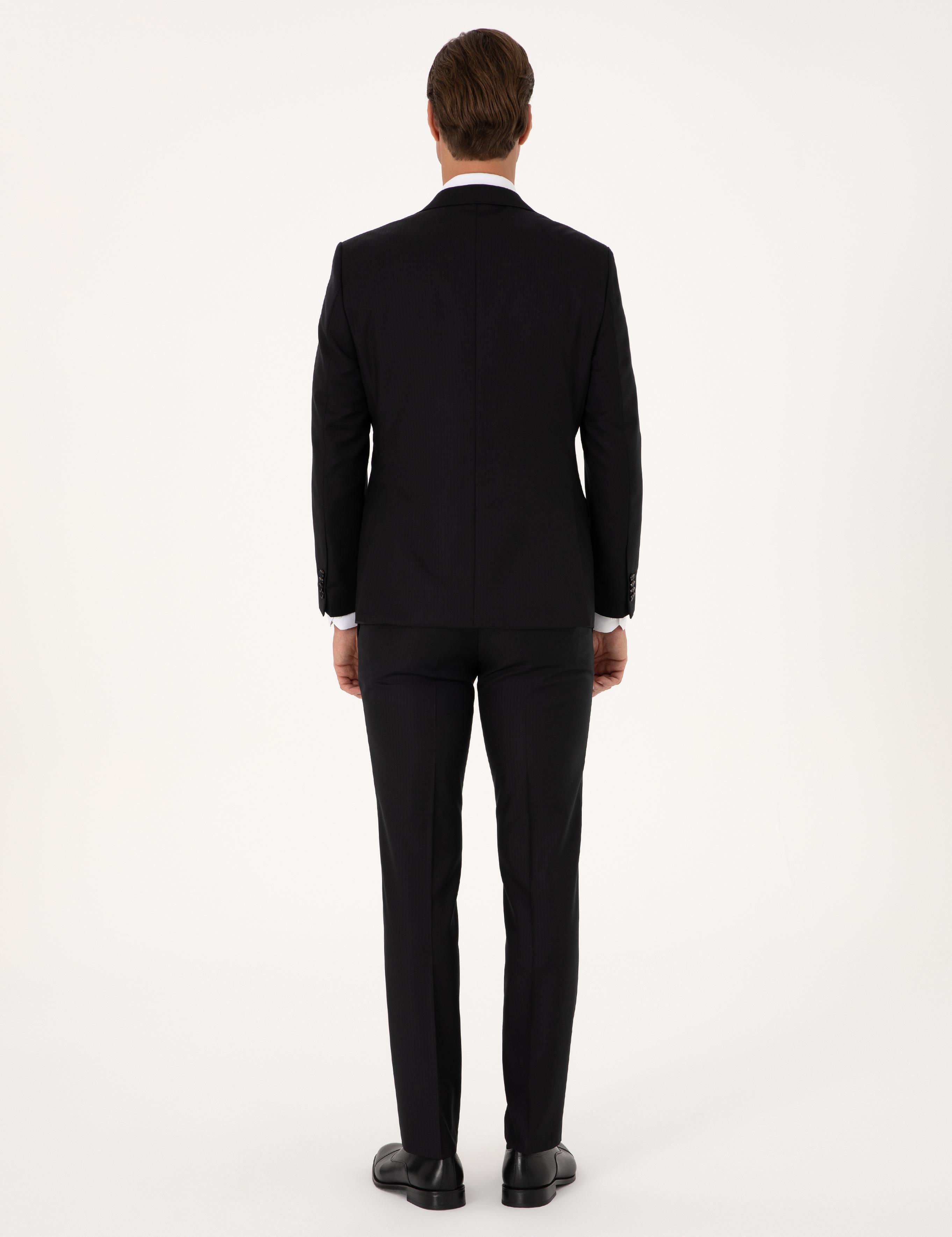 Siyah Slim Fit %100 Yün Çizgili Takım Elbise