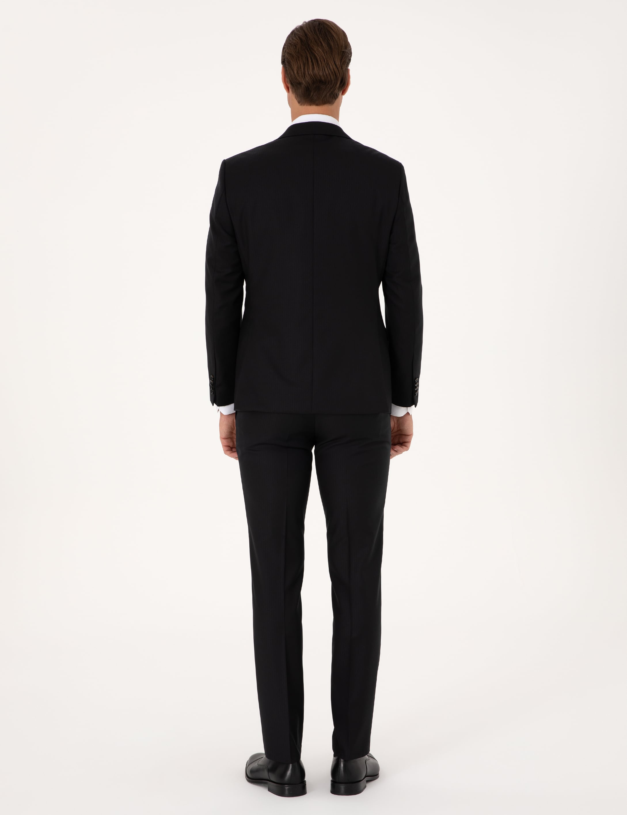 Siyah Slim Fit %100 Yün Çizgili Takım Elbise