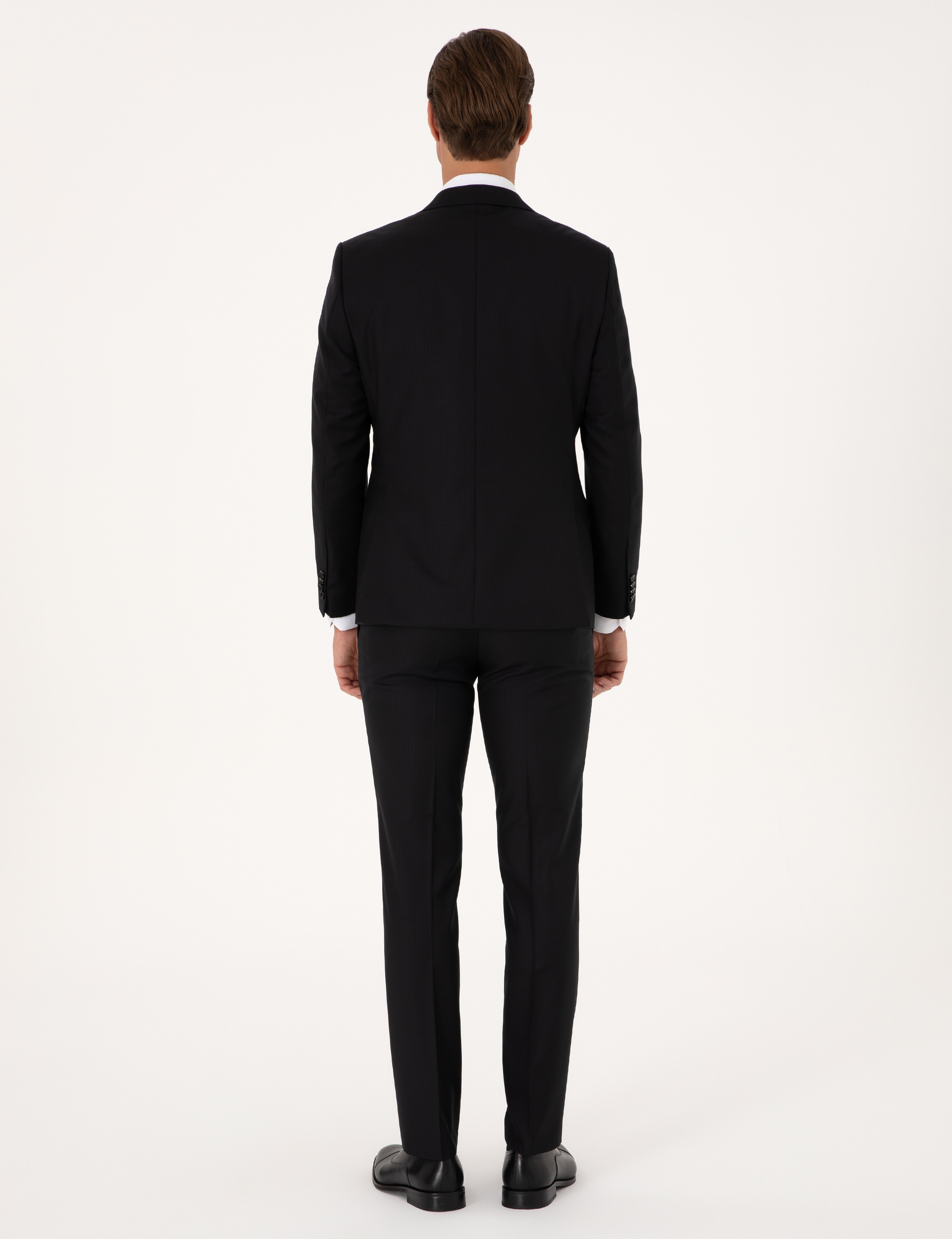 Siyah Slim Fit %100 Yün Çizgili Takım Elbise