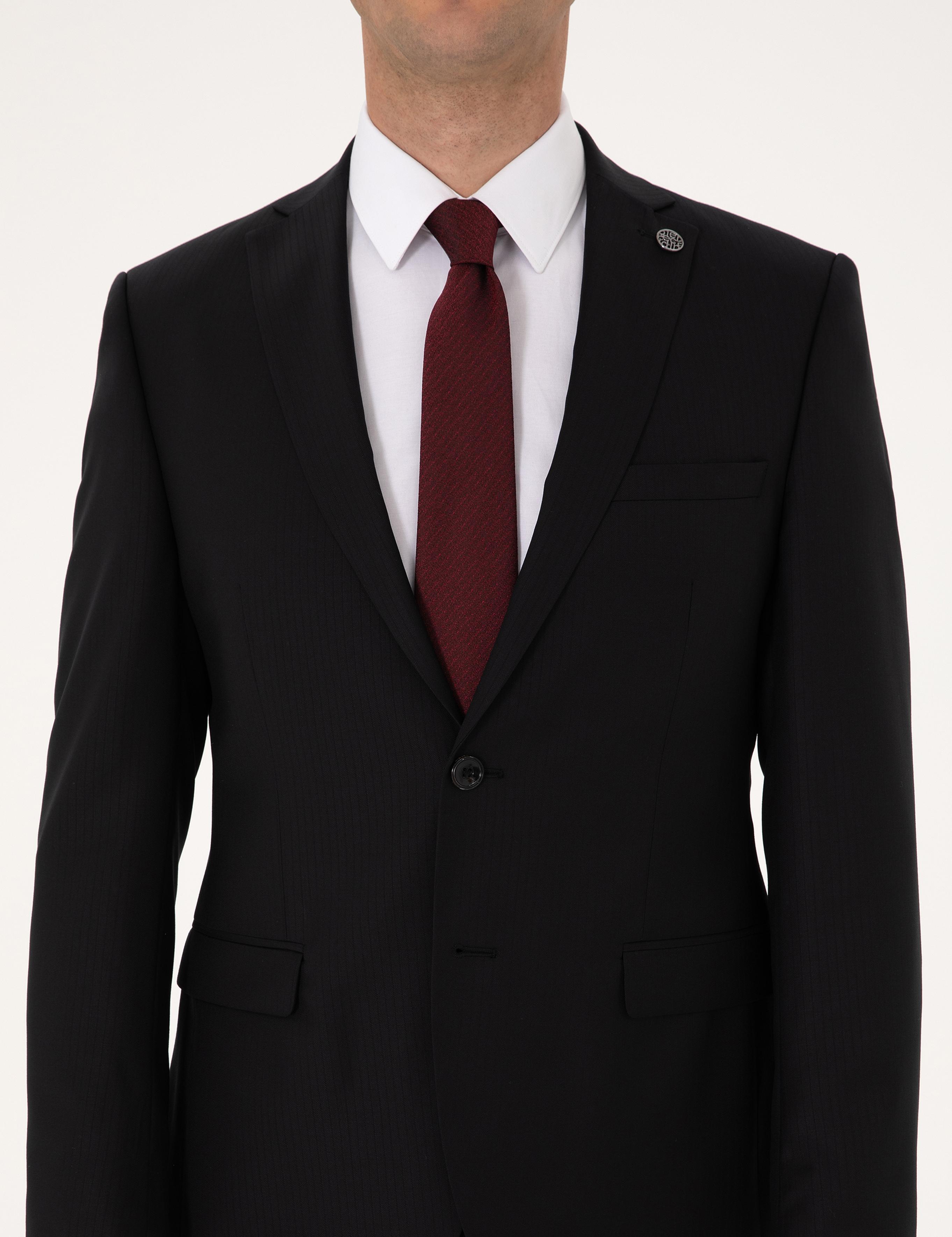 Siyah Slim Fit %100 Yün Çizgili Takım Elbise