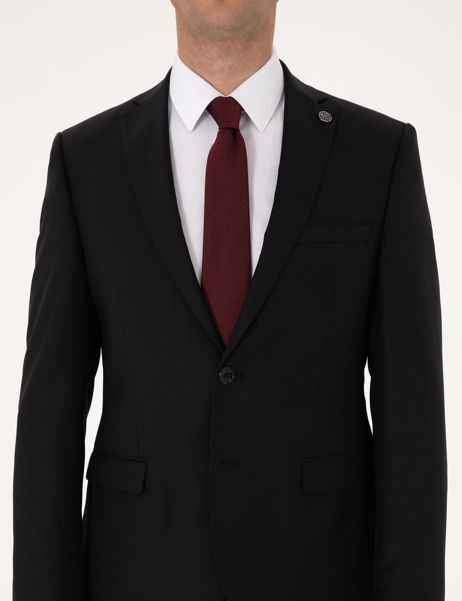 Siyah Slim Fit %100 Yün Çizgili Takım Elbise