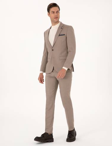 Bej Ex. Slim Fit Yün Karışımlı Çizgili Takım Elbise