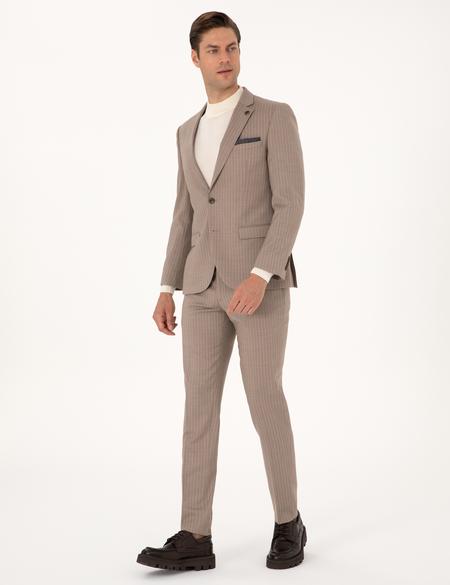 Bej Ex. Slim Fit Yün Karışımlı Çizgili Takım Elbise - 50311536041