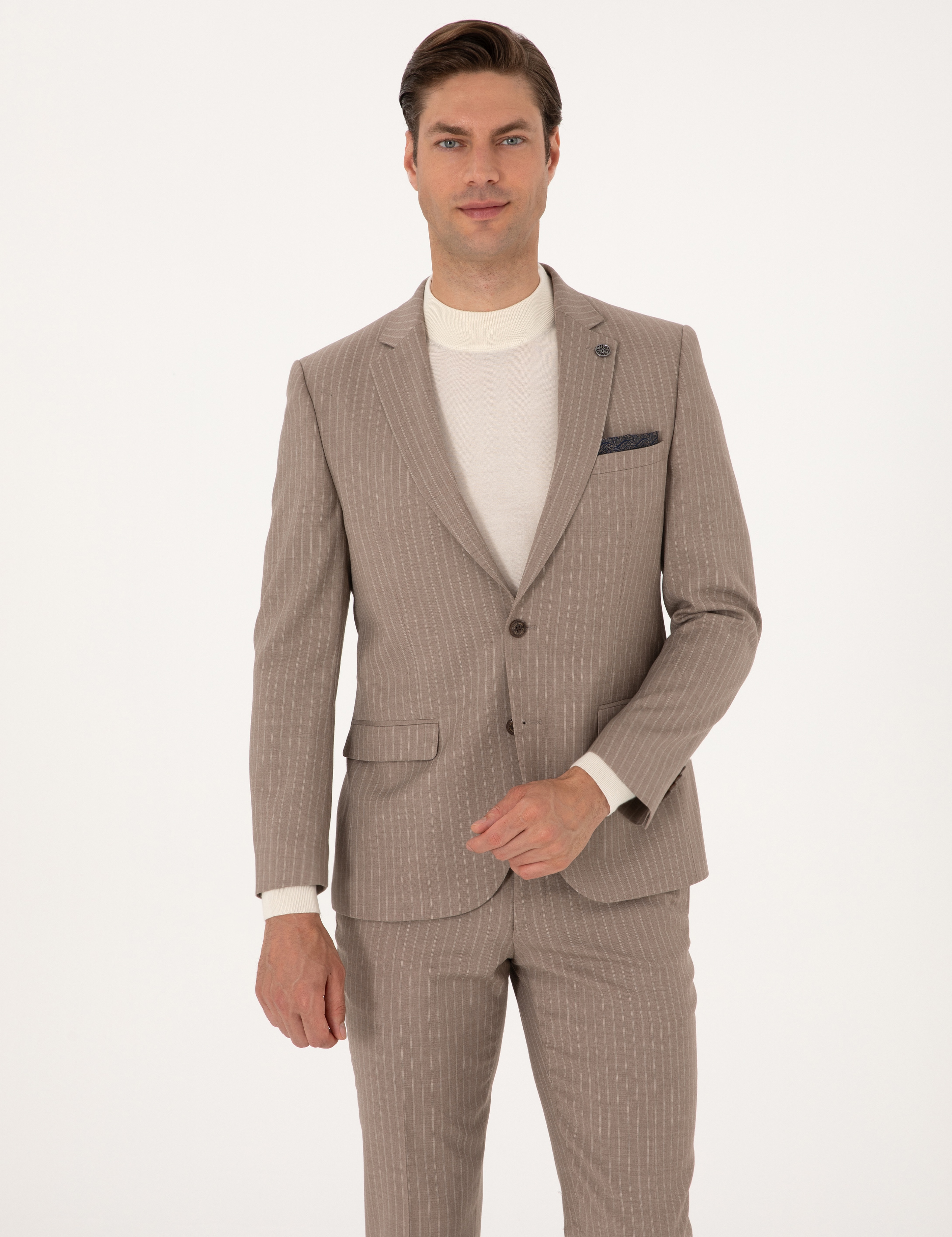 Bej Extra Slim Fit Yün Karışımlı Çizgili Takım Elbise - Image 3