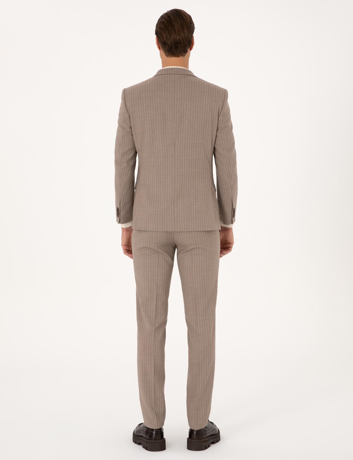 Bej Ex. Slim Fit Yün Karışımlı Çizgili Takım Elbise - 50311536041