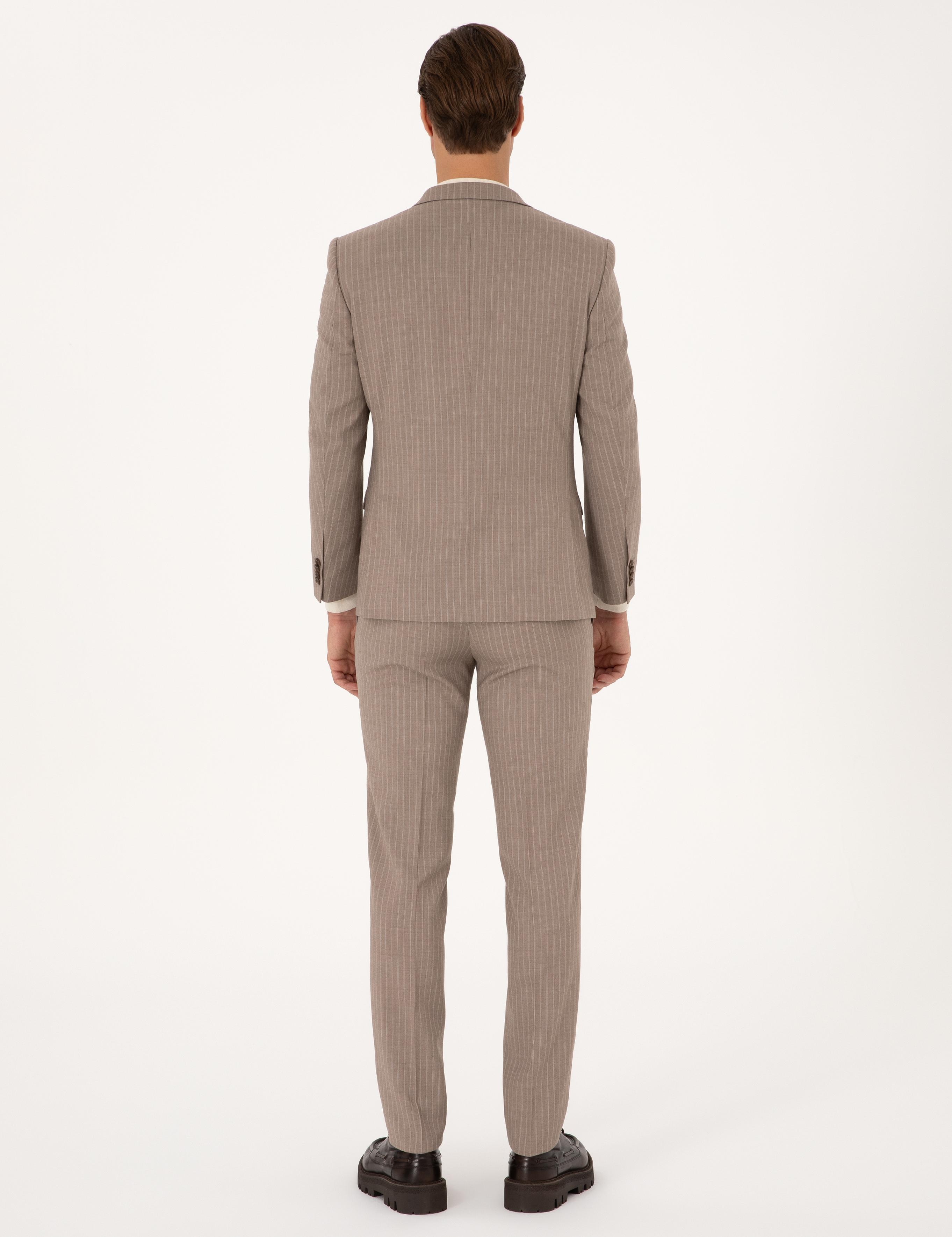 Bej Ex. Slim Fit Yün Karışımlı Çizgili Takım Elbise