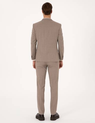 Bej Ex. Slim Fit Yün Karışımlı Çizgili Takım Elbise
