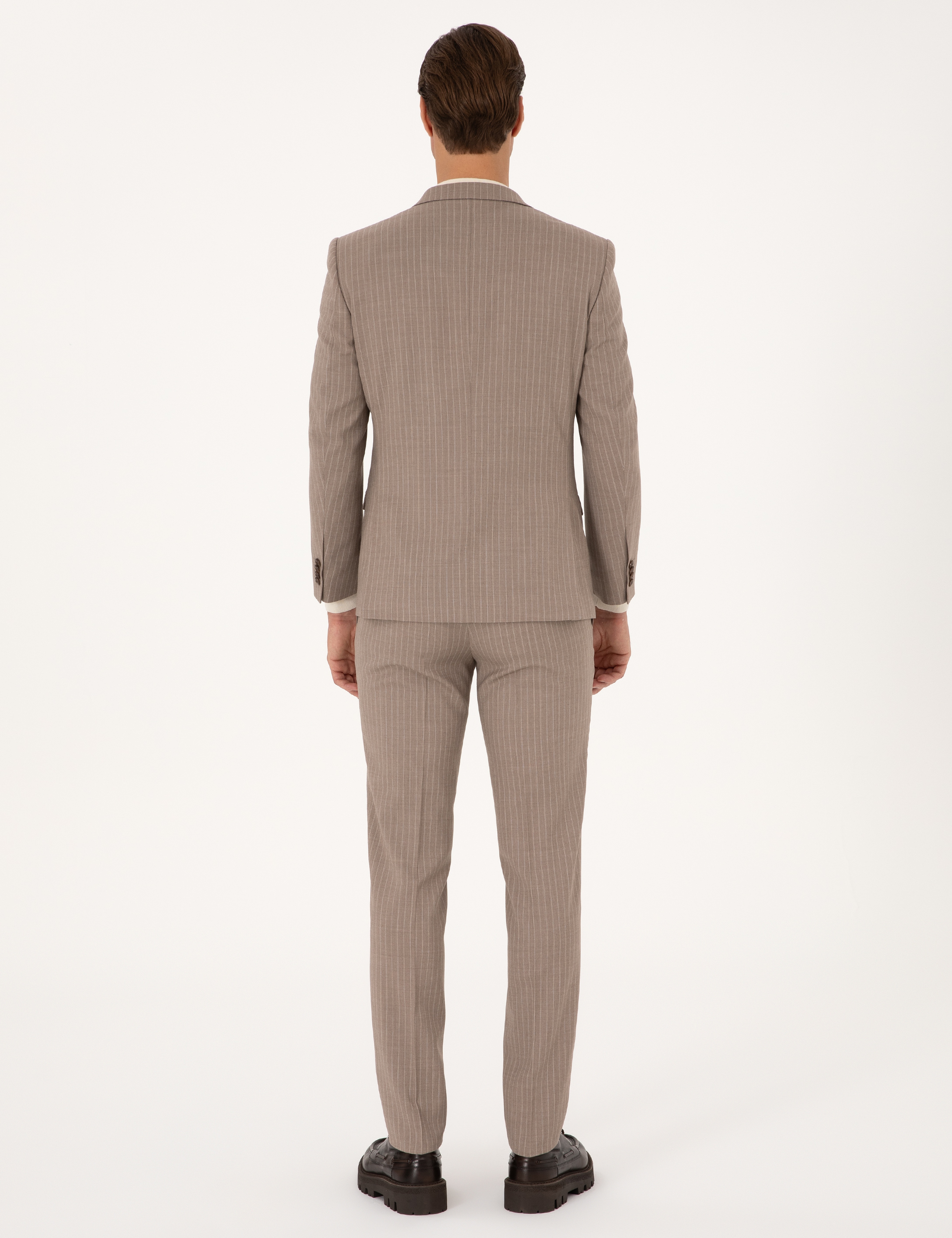 Bej Extra Slim Fit Yün Karışımlı Çizgili Takım Elbise - Image 5