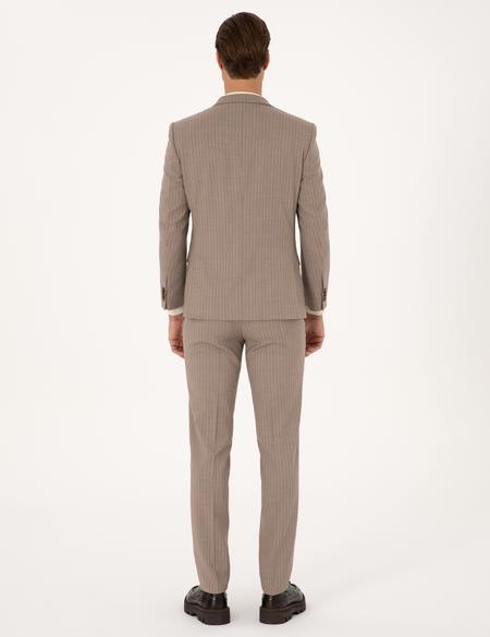 Bej Ex. Slim Fit Yün Karışımlı Çizgili Takım Elbise - 50311536041