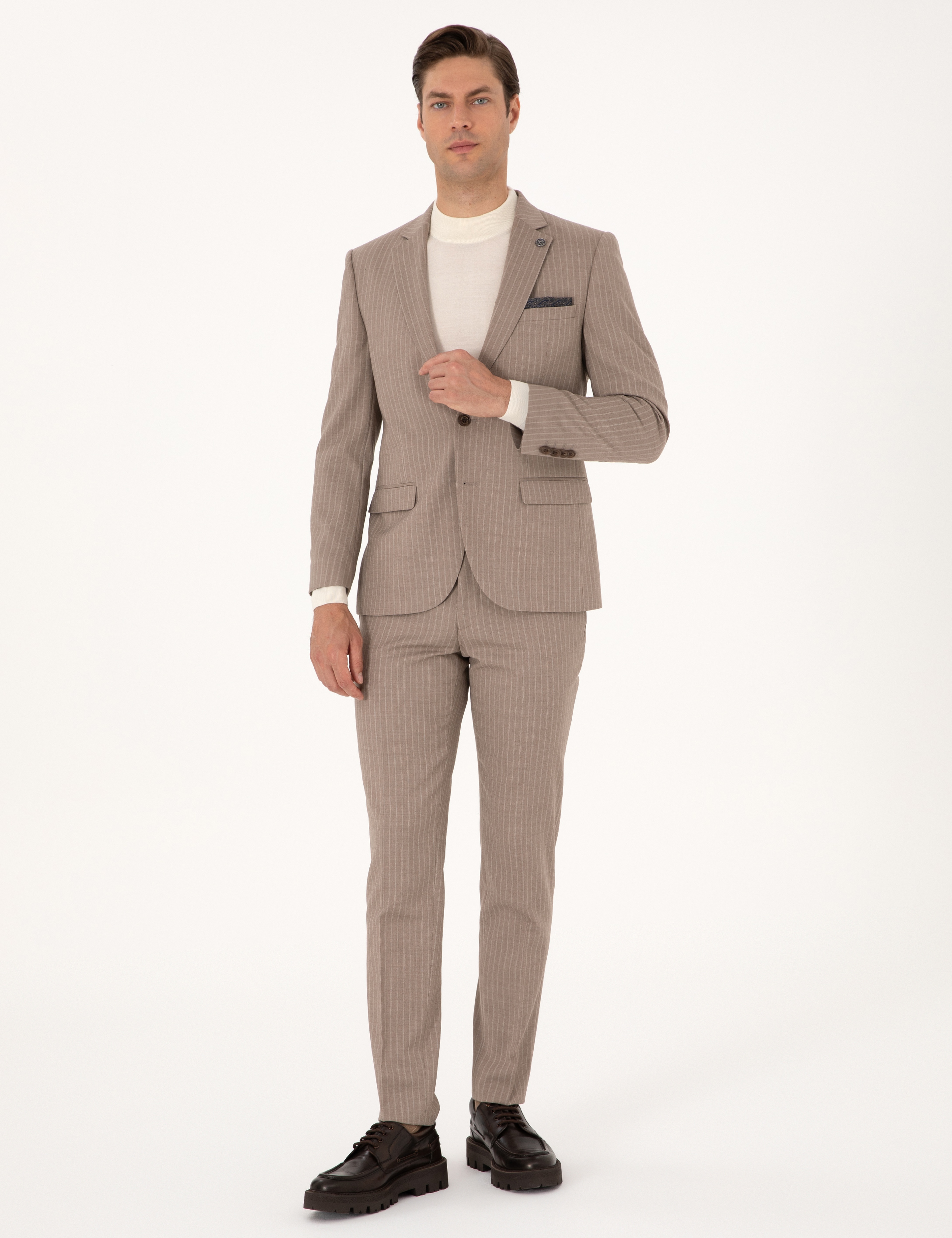 Bej Extra Slim Fit Yün Karışımlı Çizgili Takım Elbise - Image 1