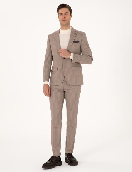 Bej Ex. Slim Fit Yün Karışımlı Çizgili Takım Elbise - 50311536041