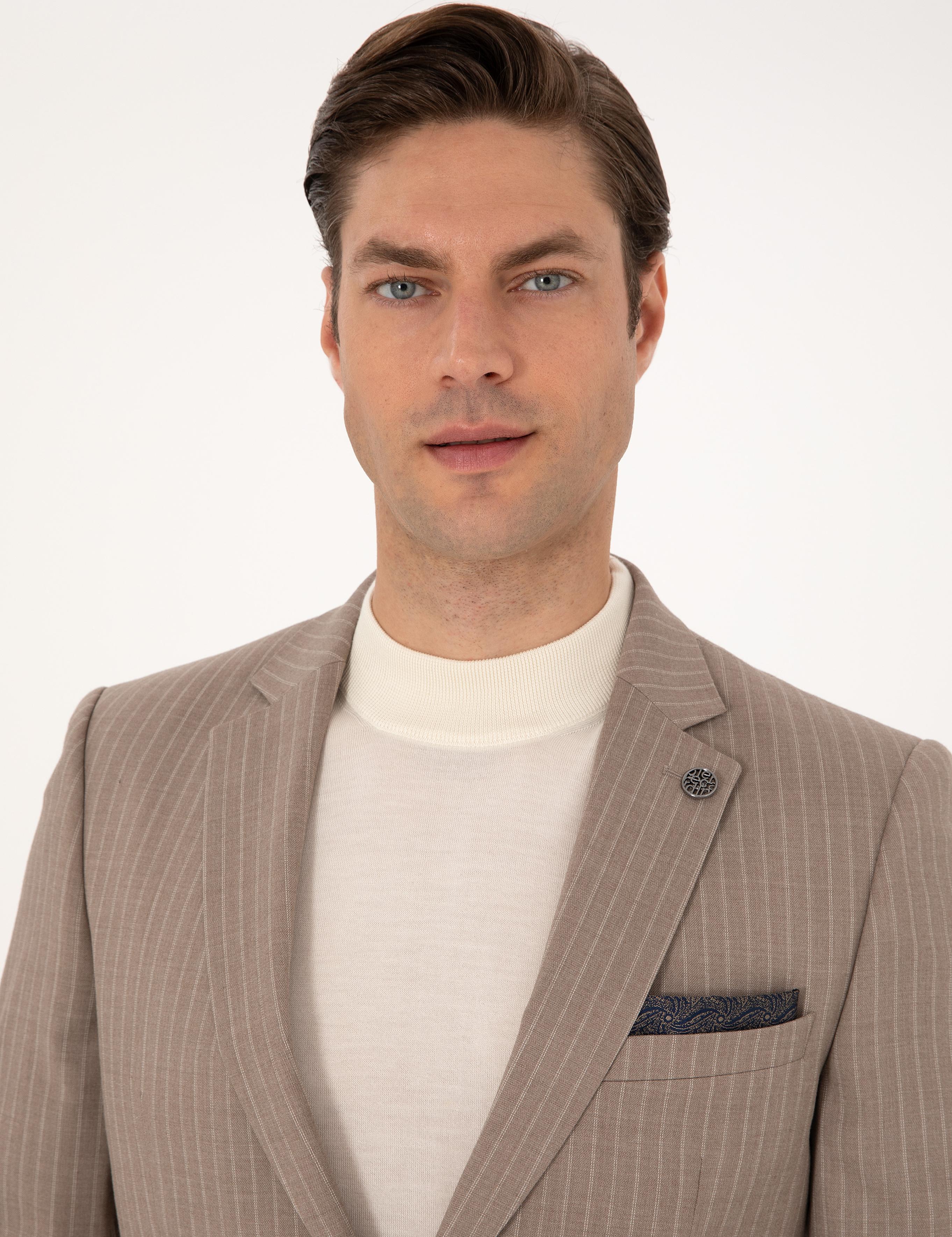 Bej Ex. Slim Fit Yün Karışımlı Çizgili Takım Elbise