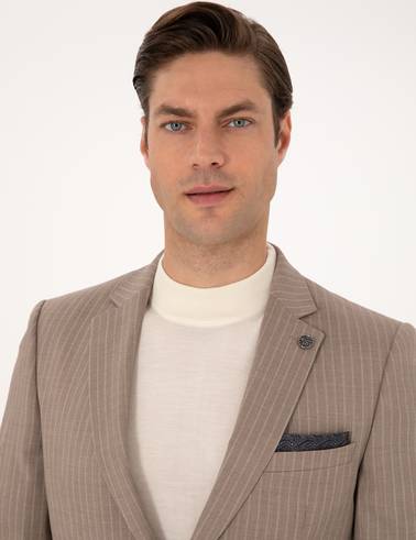 Bej Ex. Slim Fit Yün Karışımlı Çizgili Takım Elbise