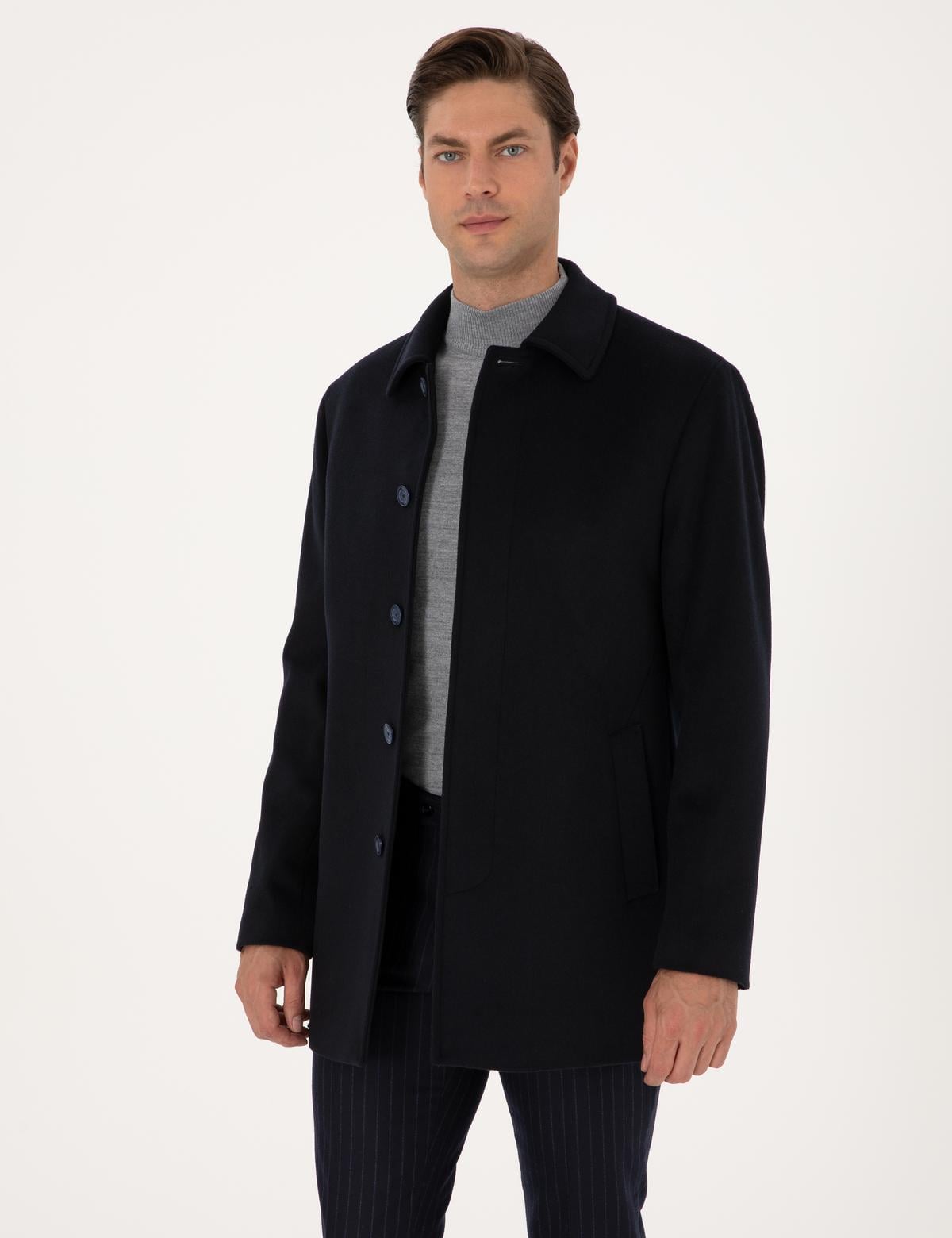 Lacivert Slim Fit Kaşe Kaban - 50314215012