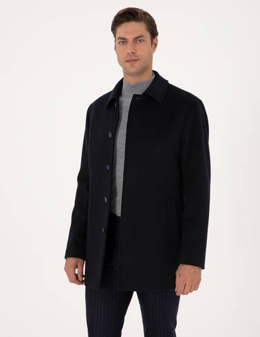 Lacivert Slim Fit Kaşe Kaban
